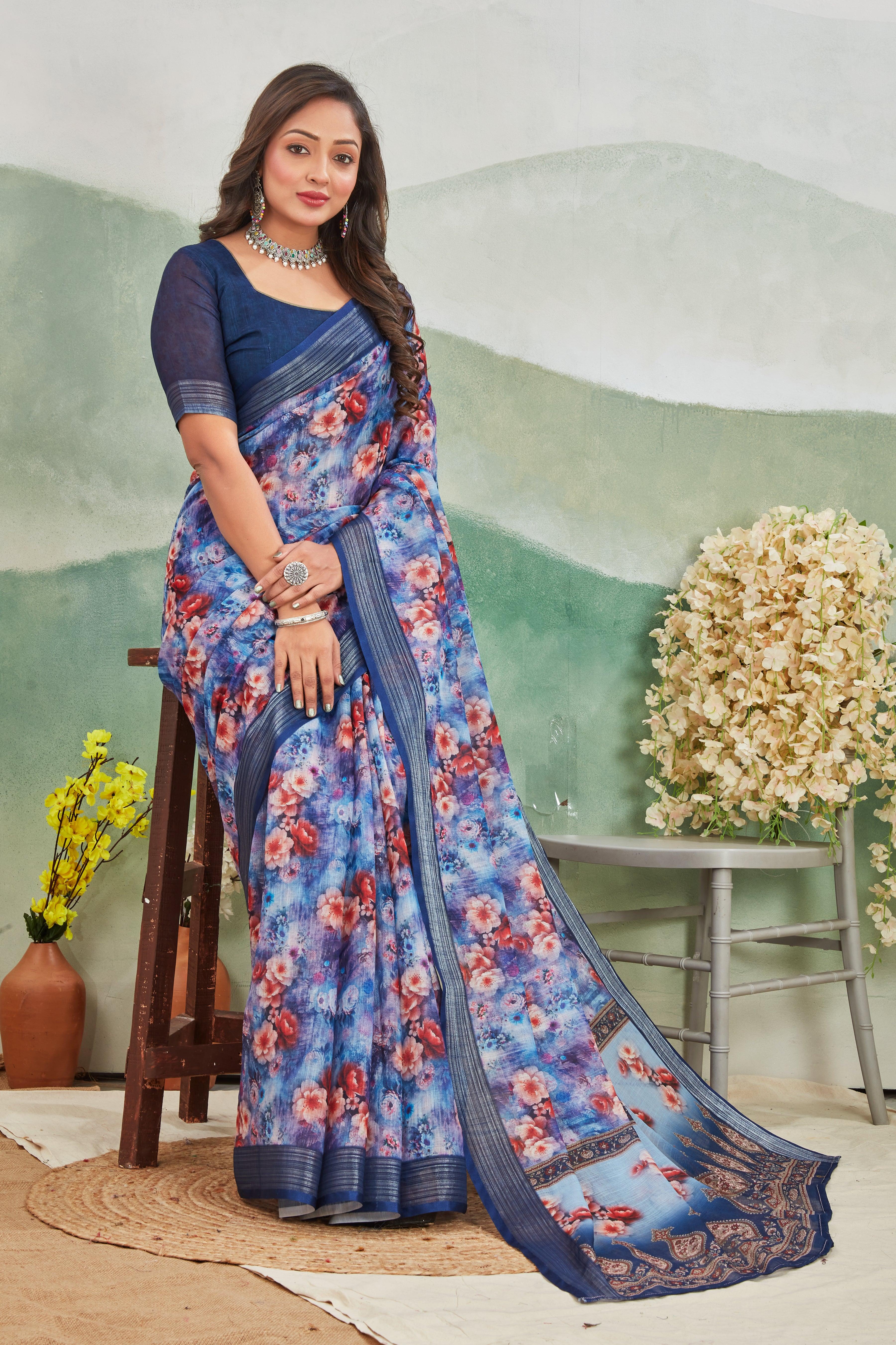 Serene Sky: Pure Linen Saree in Blue for Every Occasion