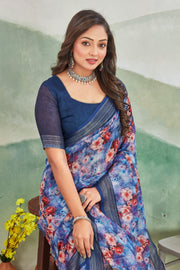 Serene Sky: Pure Linen Saree in Blue for Every Occasion