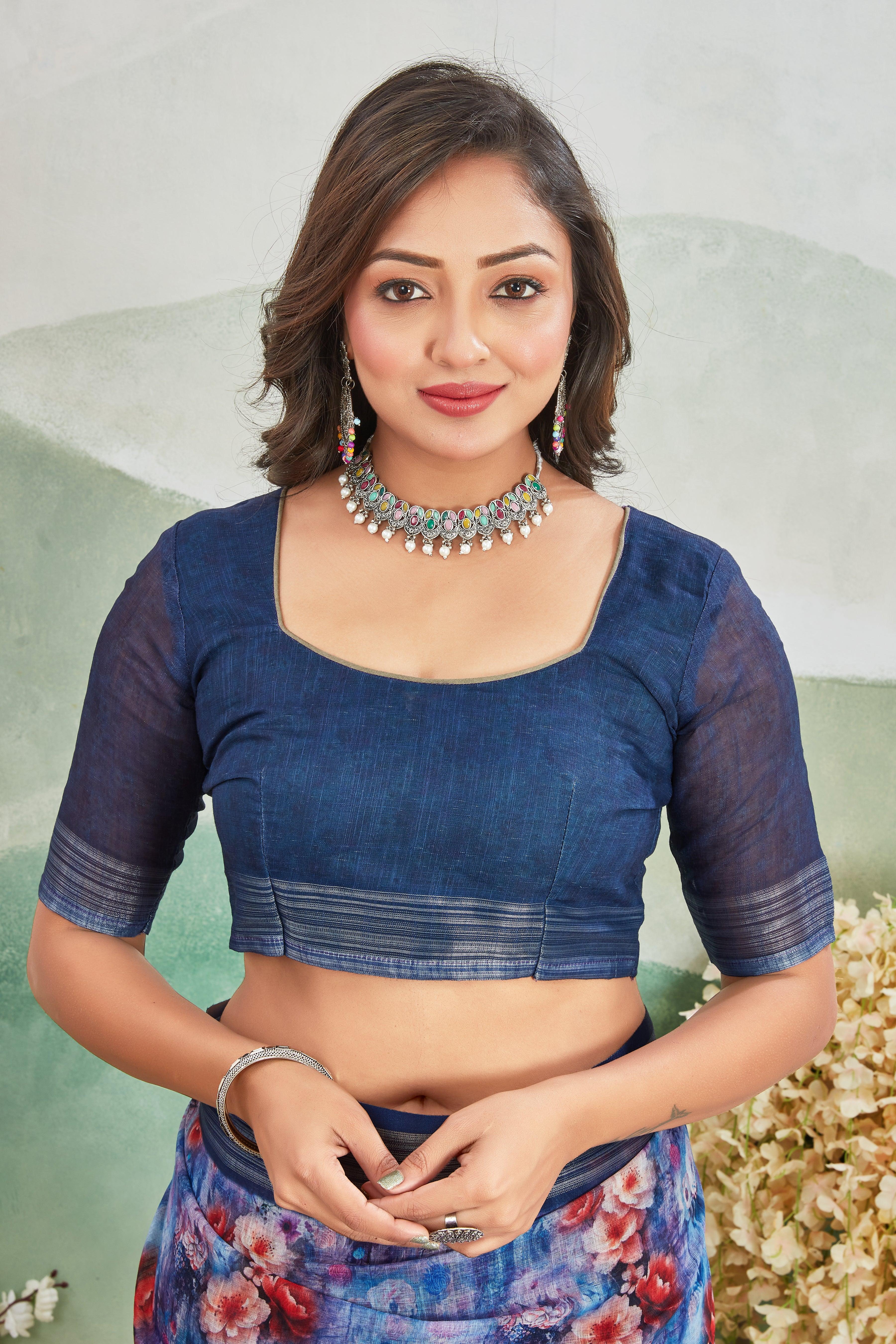 Serene Sky: Pure Linen Saree in Blue for Every Occasion