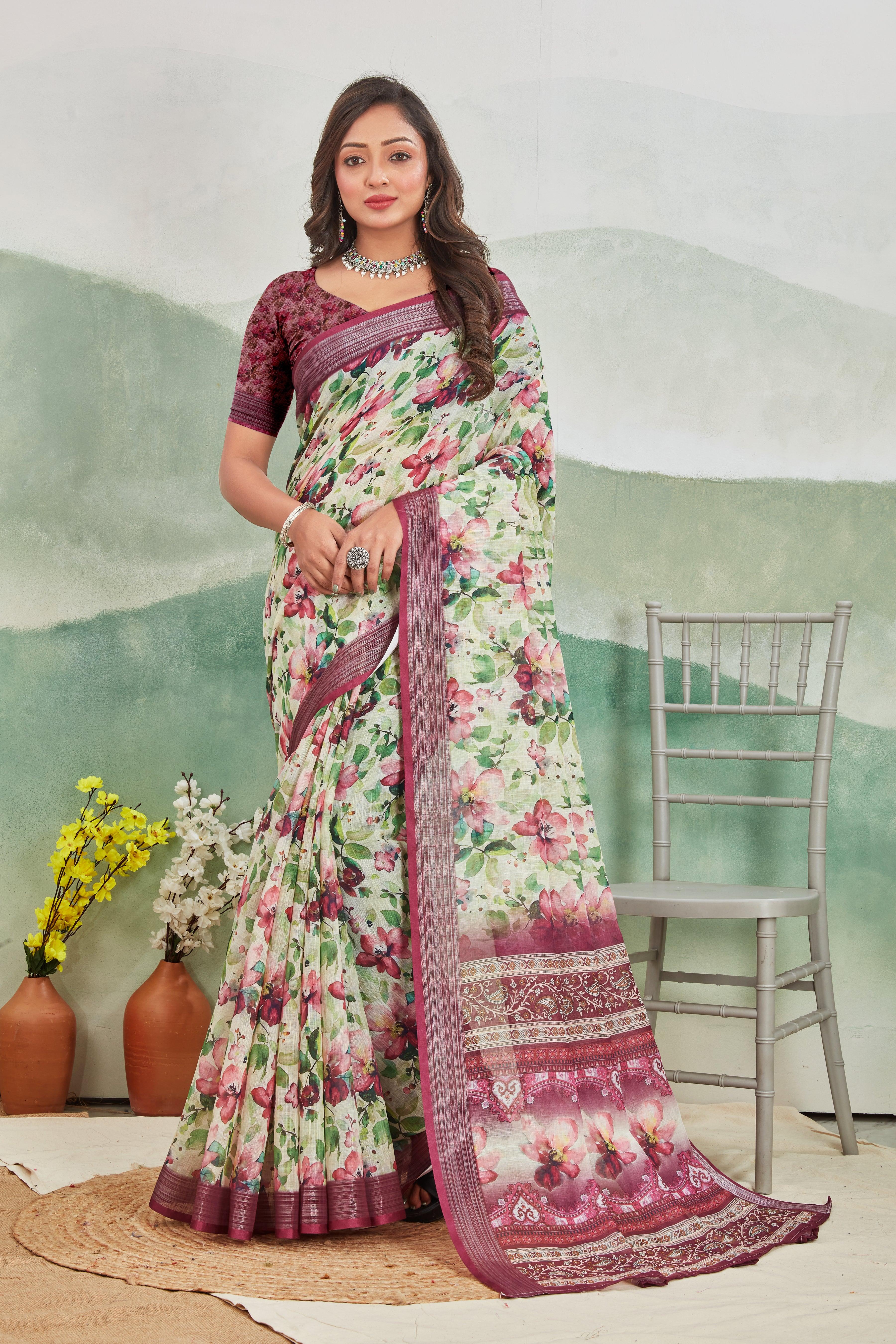 Vintage Velvet: Elegant Wine Linen Saree for All Occasions