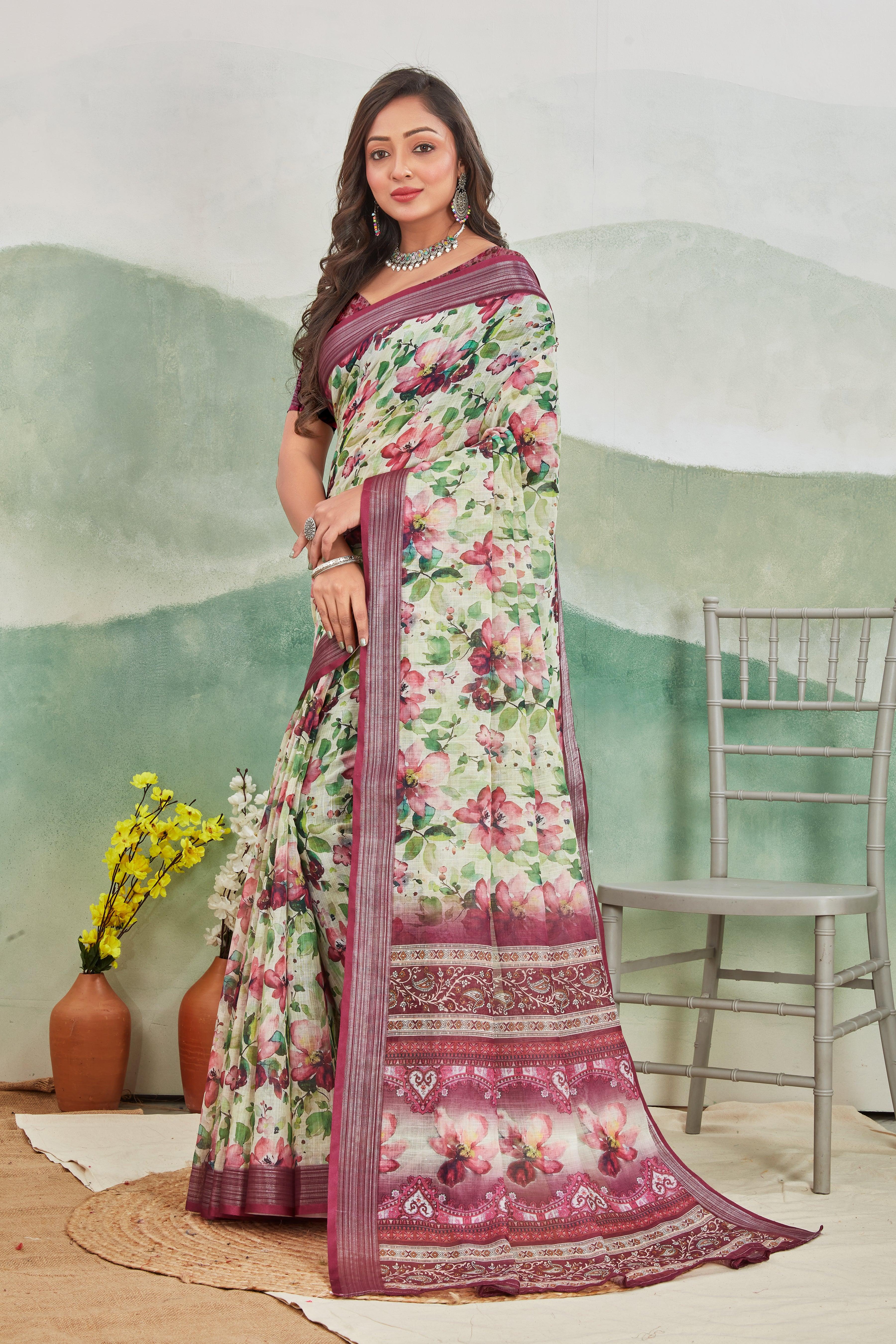 Vintage Velvet: Elegant Wine Linen Saree for All Occasions