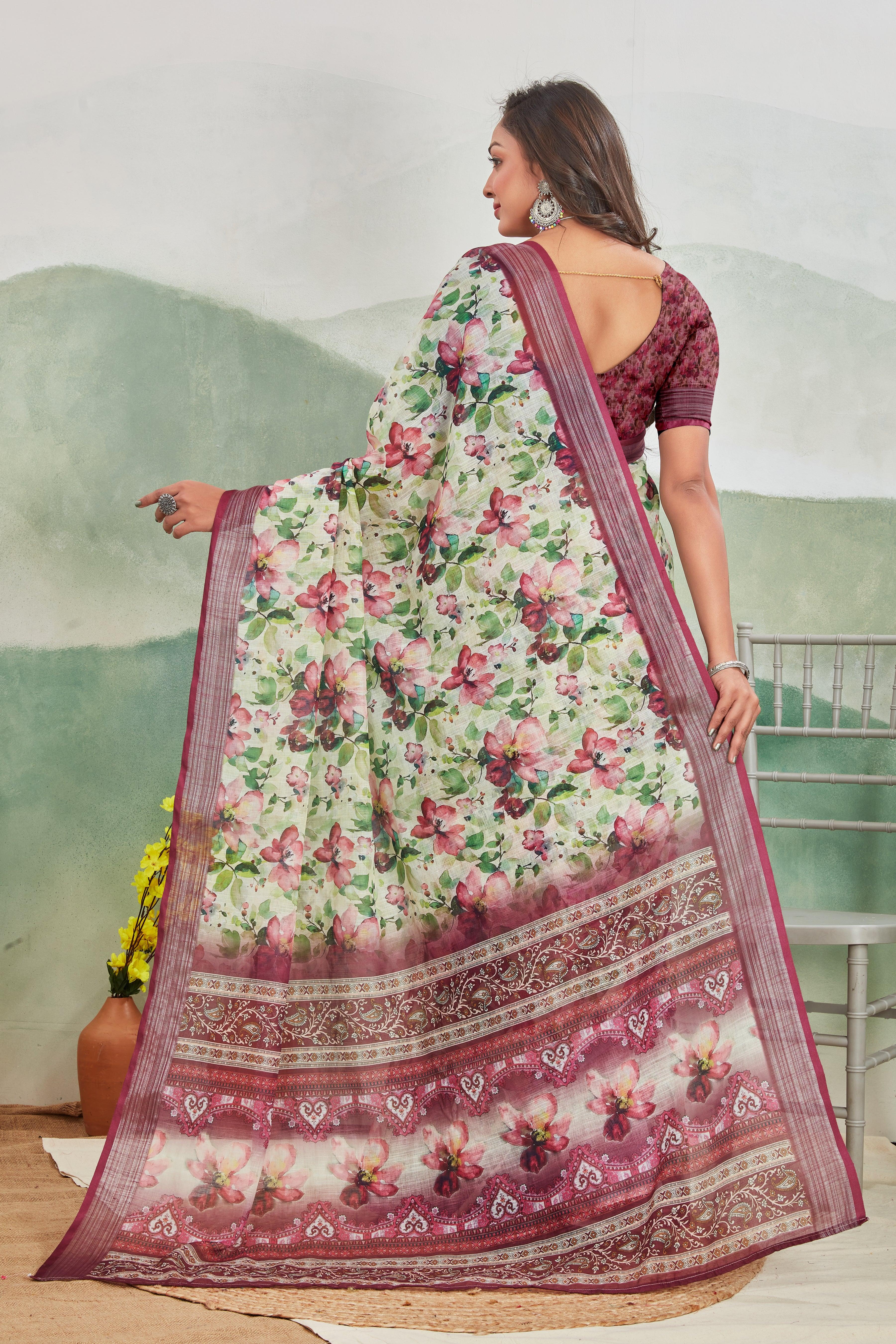 Vintage Velvet: Elegant Wine Linen Saree for All Occasions