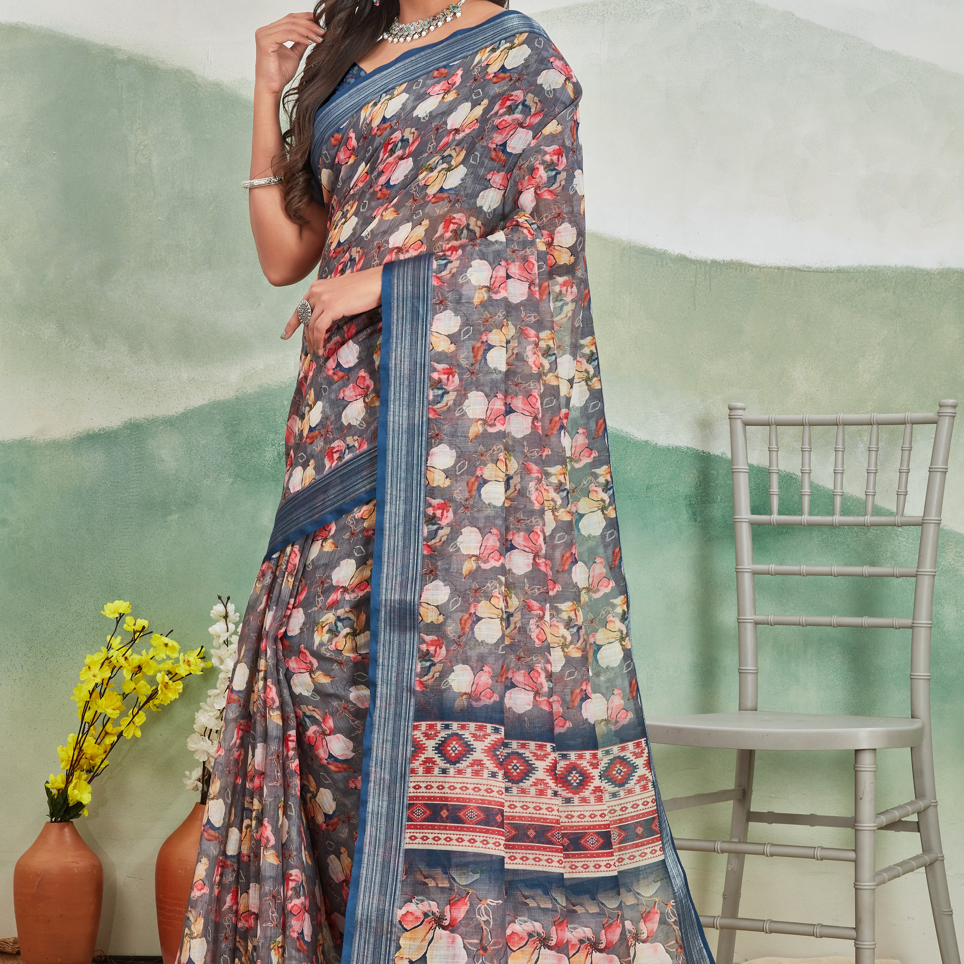 Pure Linen Saree For Every Occasion in Dark blue