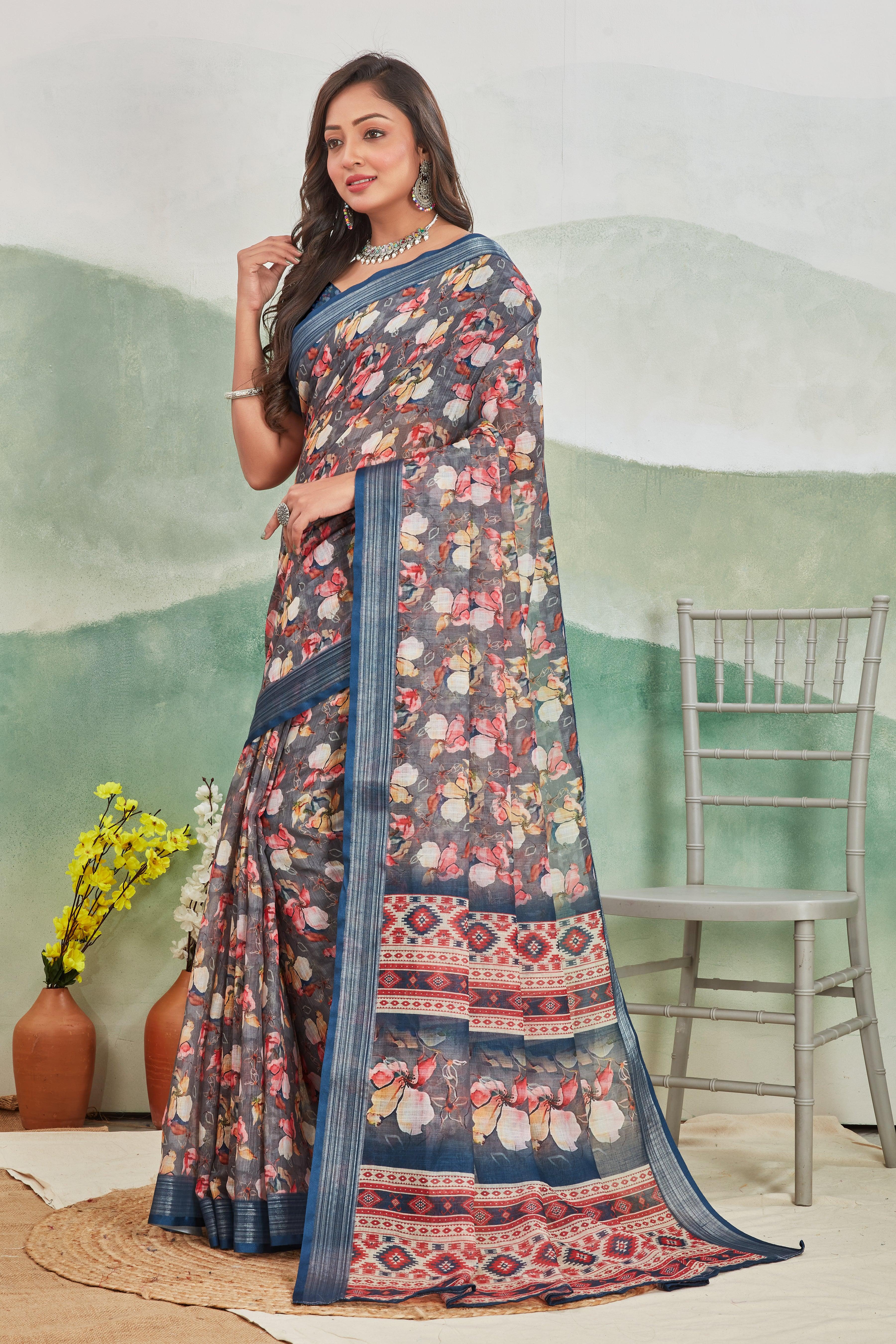Midnight Elegance: Pure Linen Saree in Dark Blue for Every Occasion