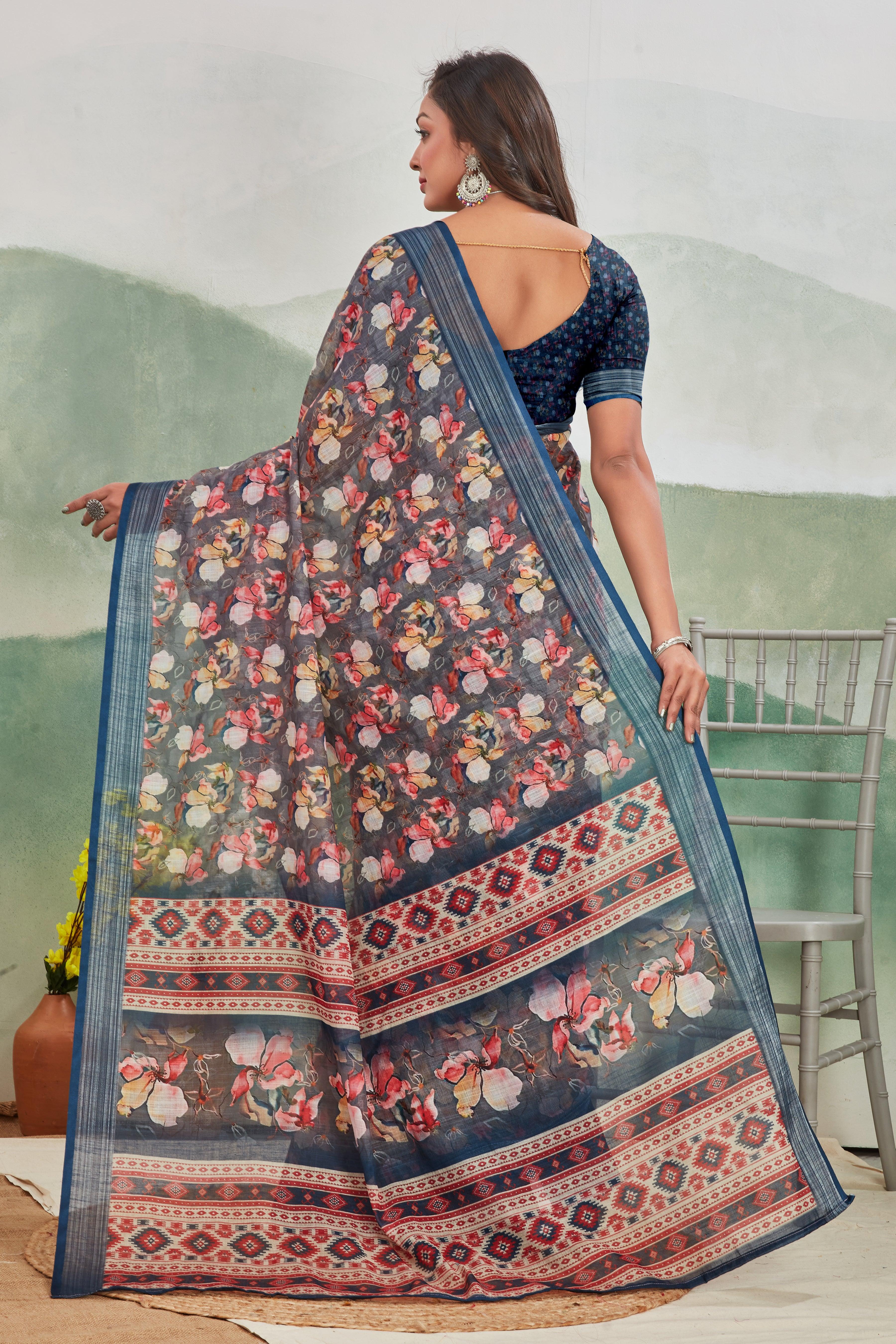Midnight Elegance: Pure Linen Saree in Dark Blue for Every Occasion