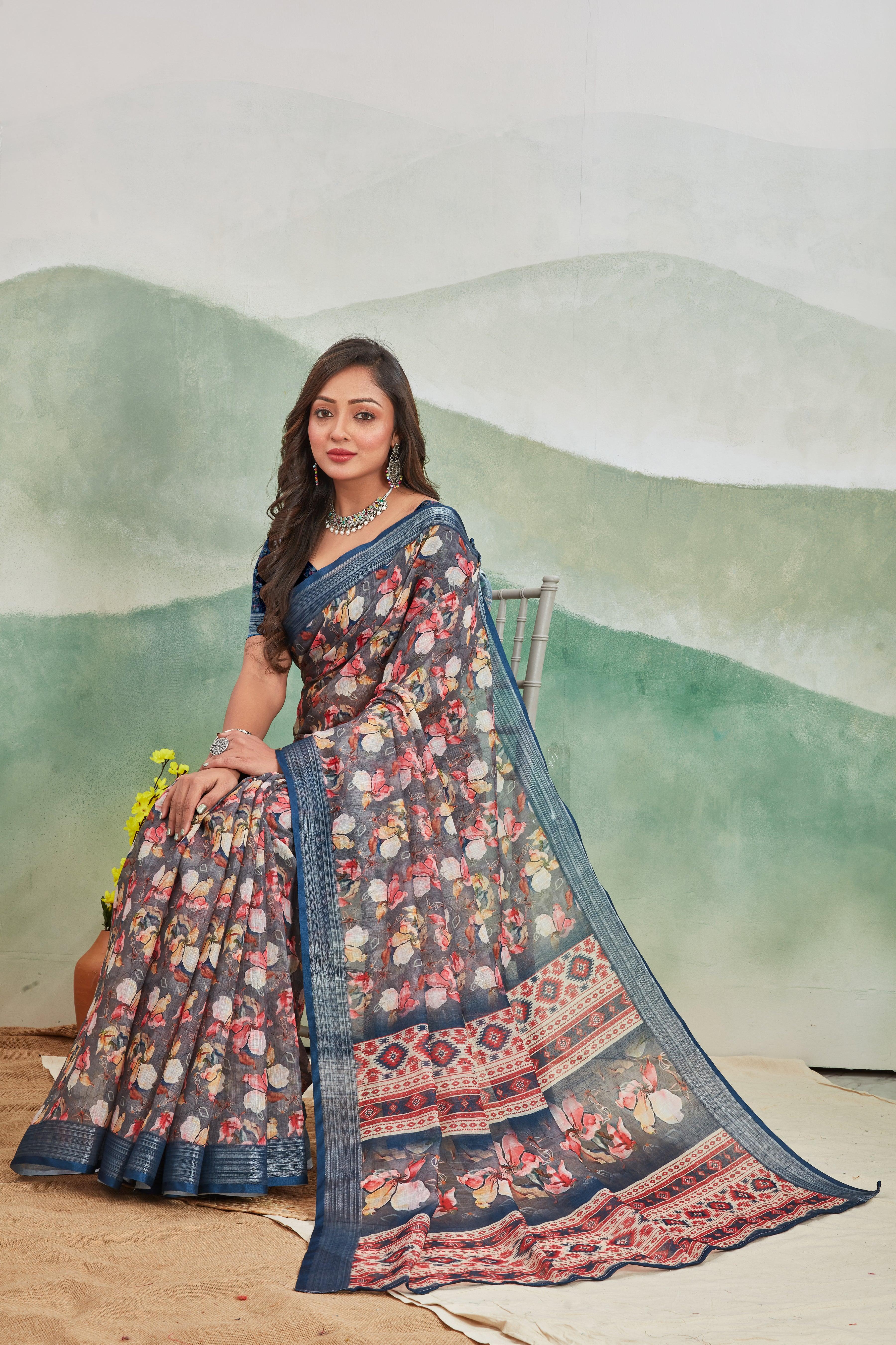 Midnight Elegance: Pure Linen Saree in Dark Blue for Every Occasion