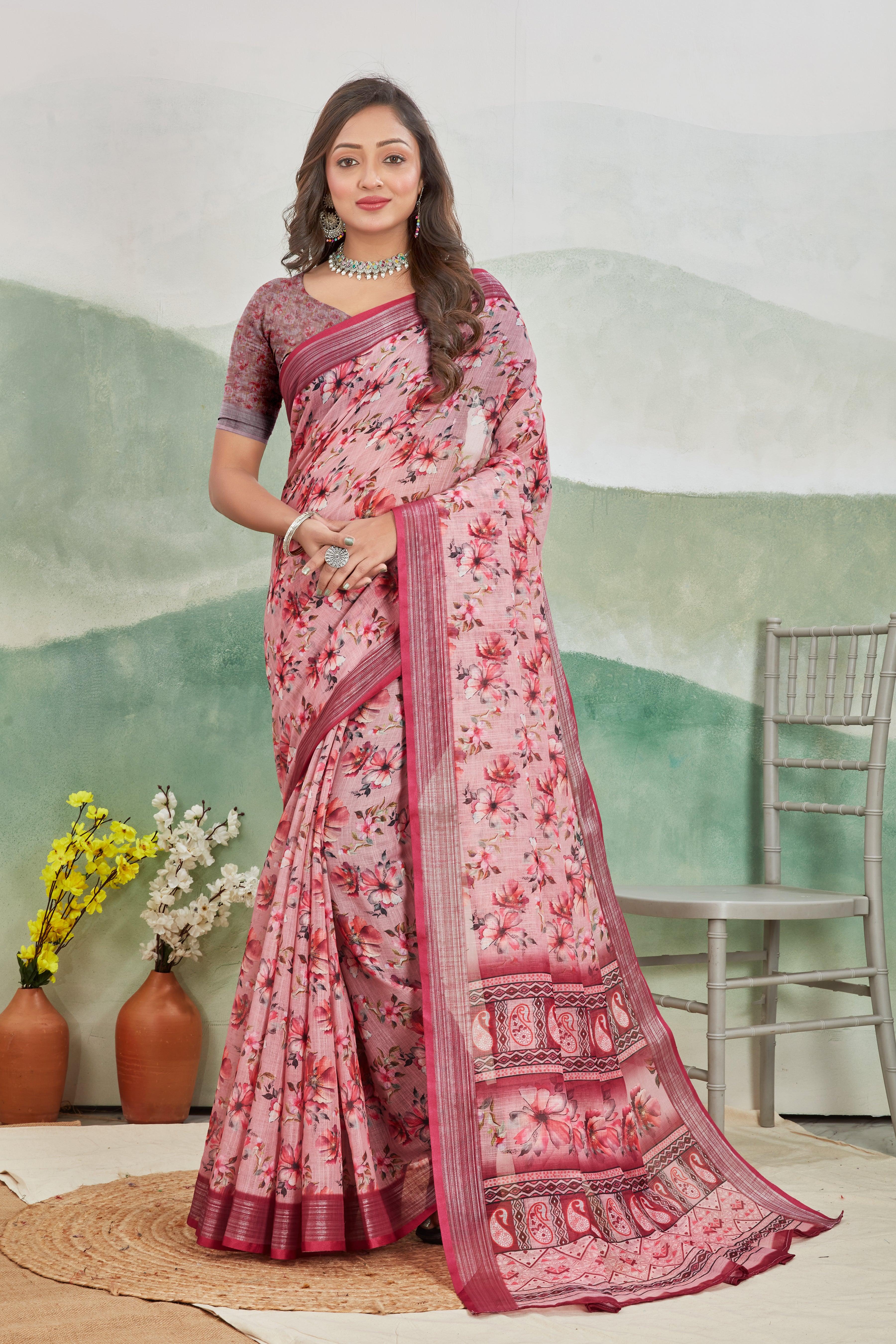 Pure Linen Saree For Every Occasion in Salmon Pink