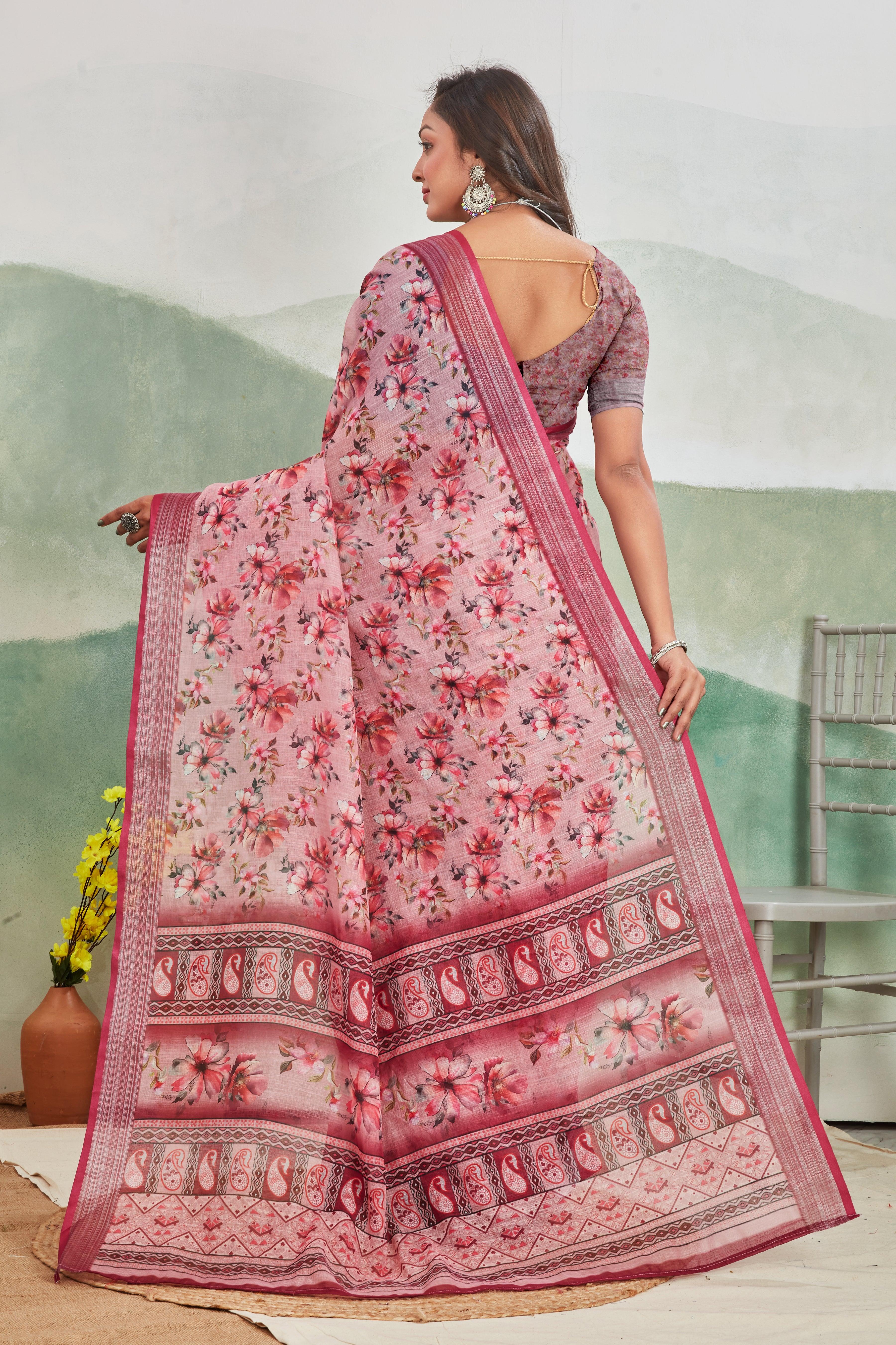 Pure Linen Saree For Every Occasion in Salmon Pink