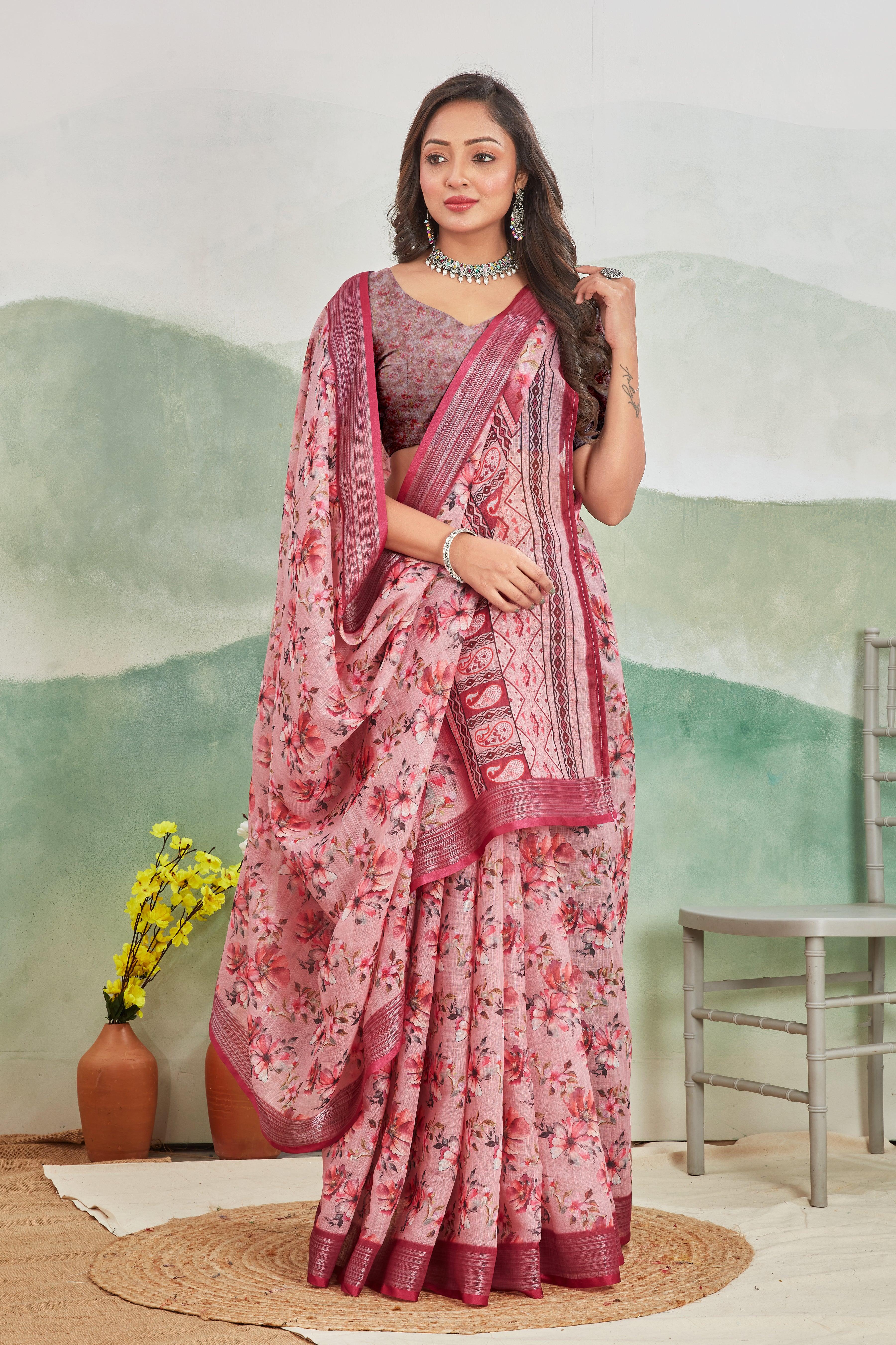 Pure Linen Saree For Every Occasion in Salmon Pink