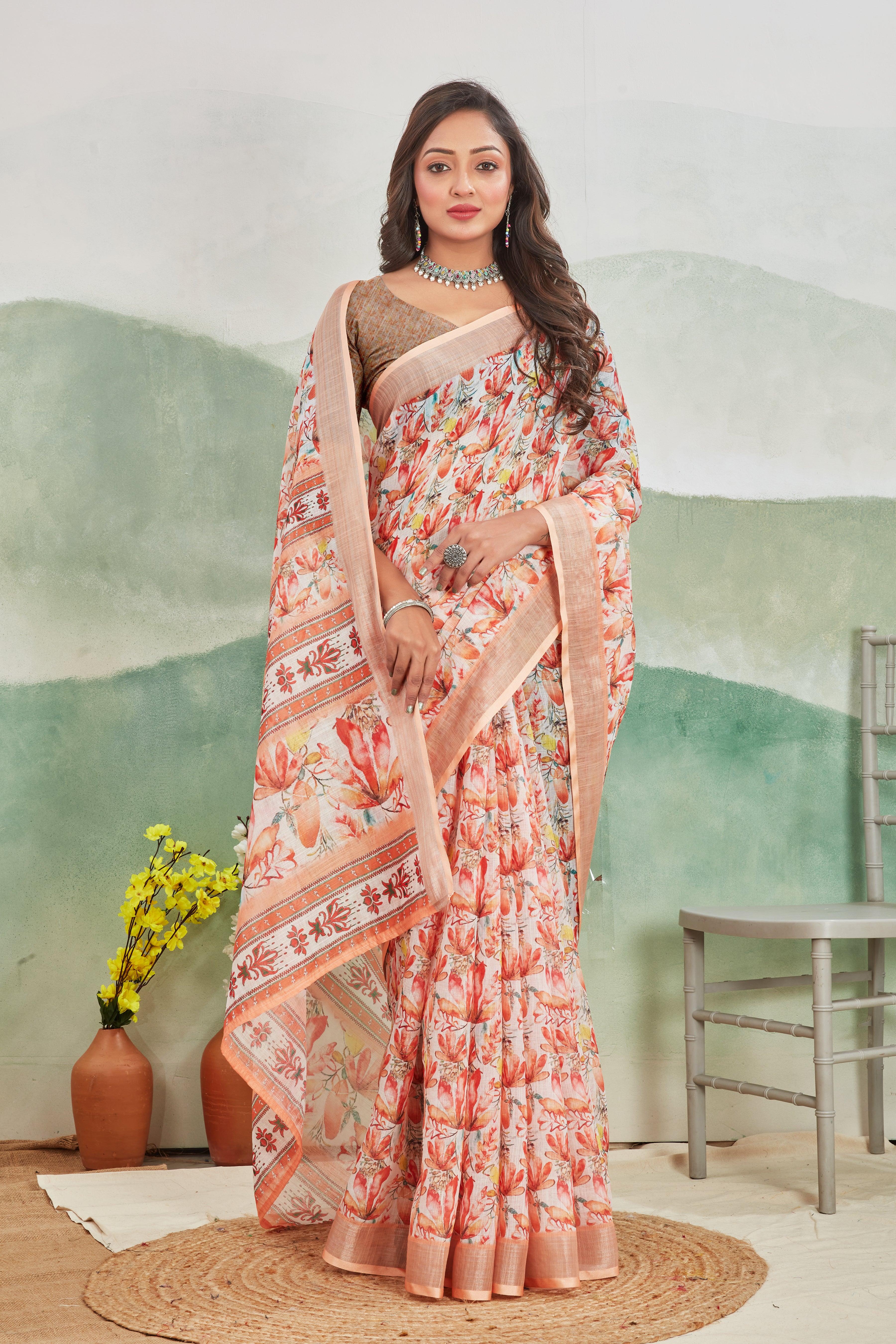 Pure Linen Saree For Every Occasion in Peach