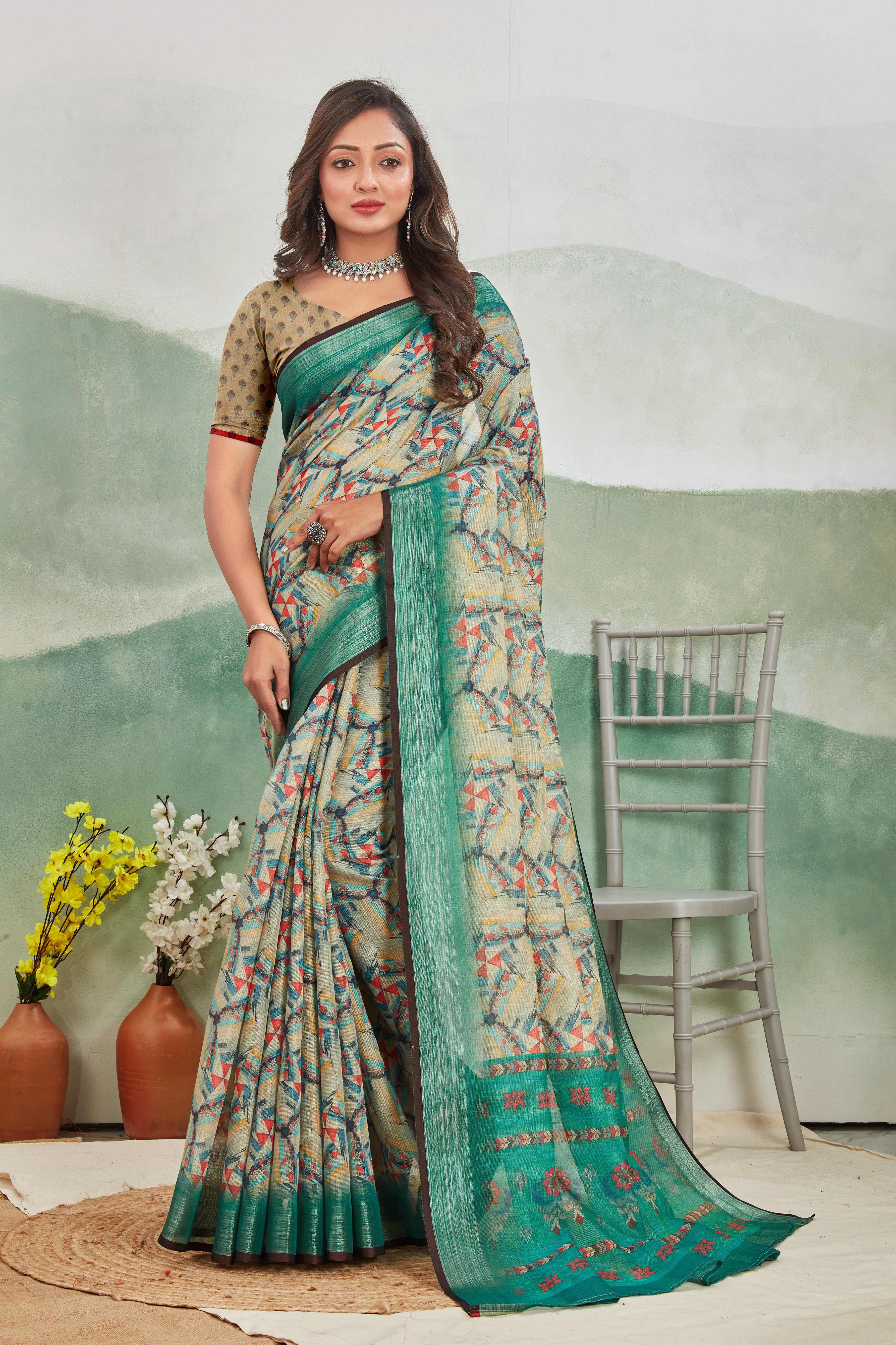 Emerald Grace: Pure Linen Saree in Green for Every Occasion