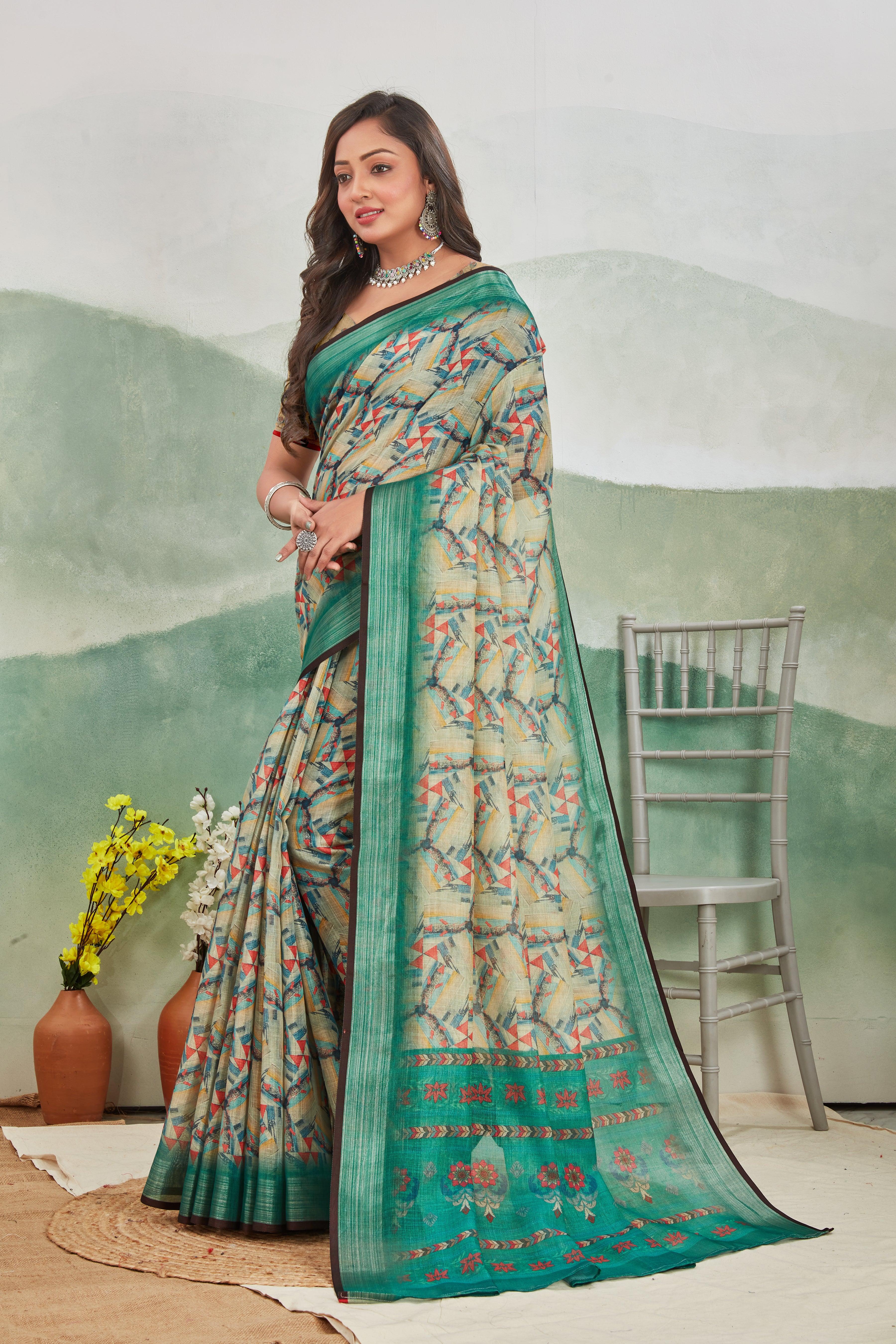 Emerald Grace: Pure Linen Saree in Green for Every Occasion