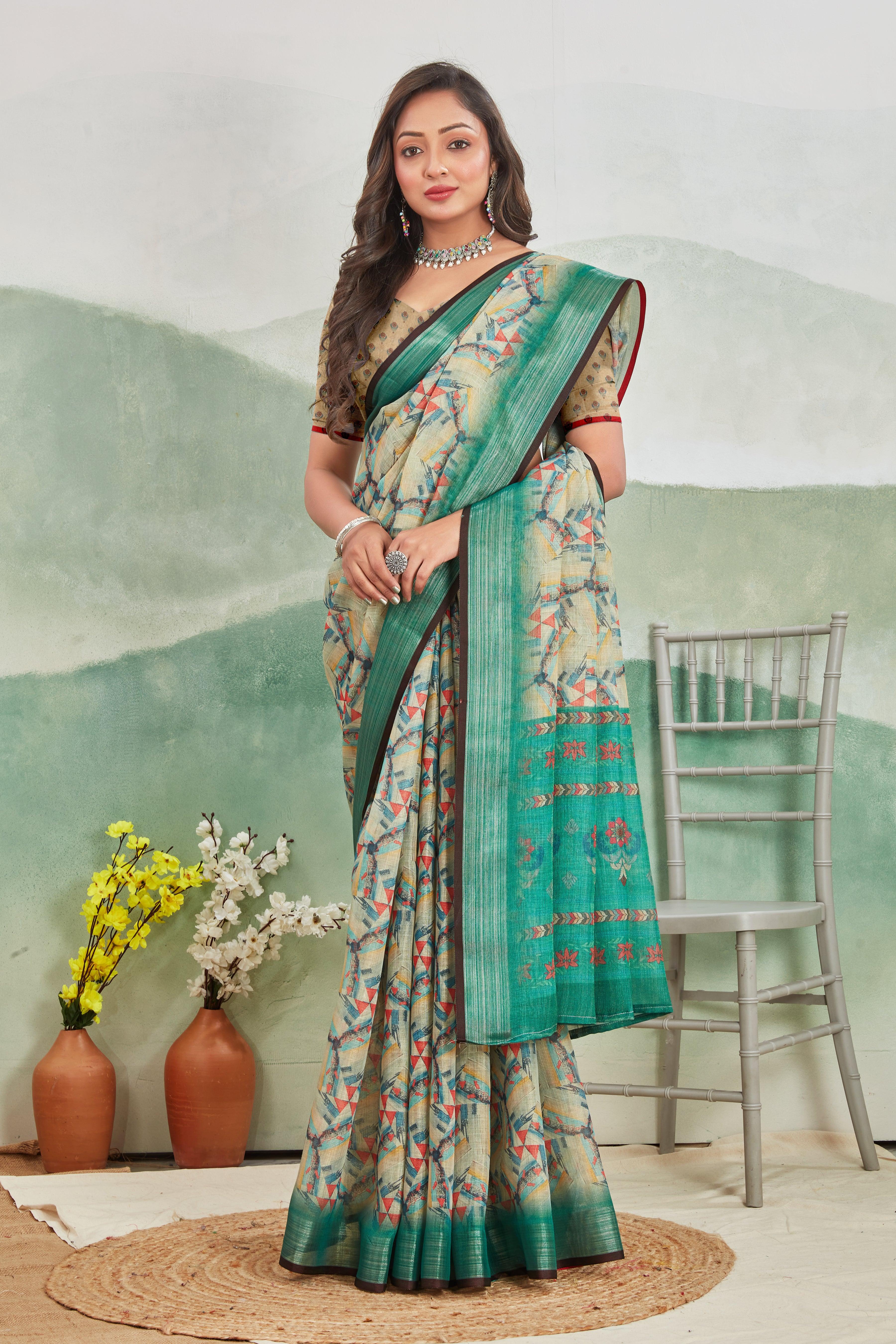 Emerald Grace: Pure Linen Saree in Green for Every Occasion