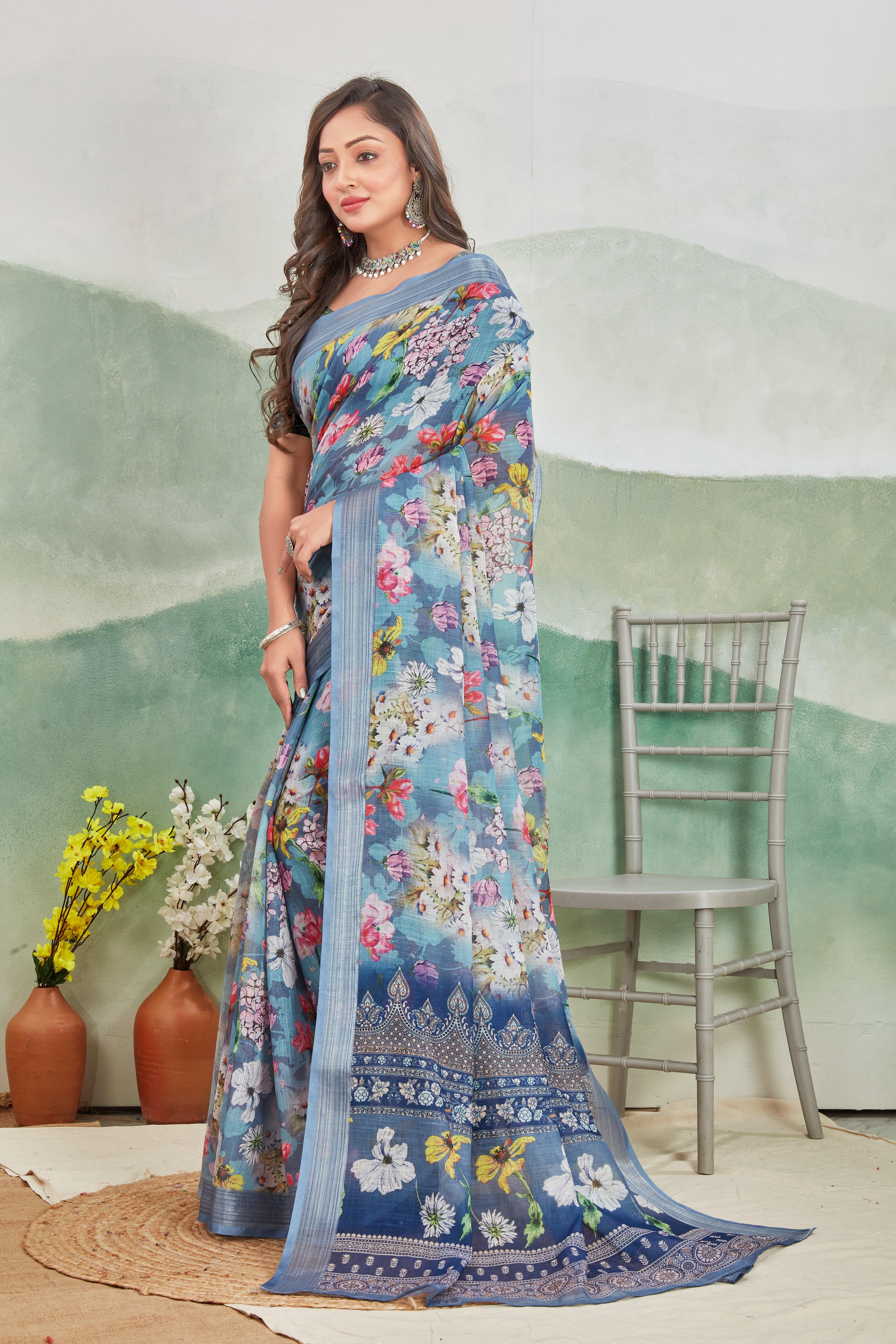 Pure Linen Saree For Every Occasion in Blue
