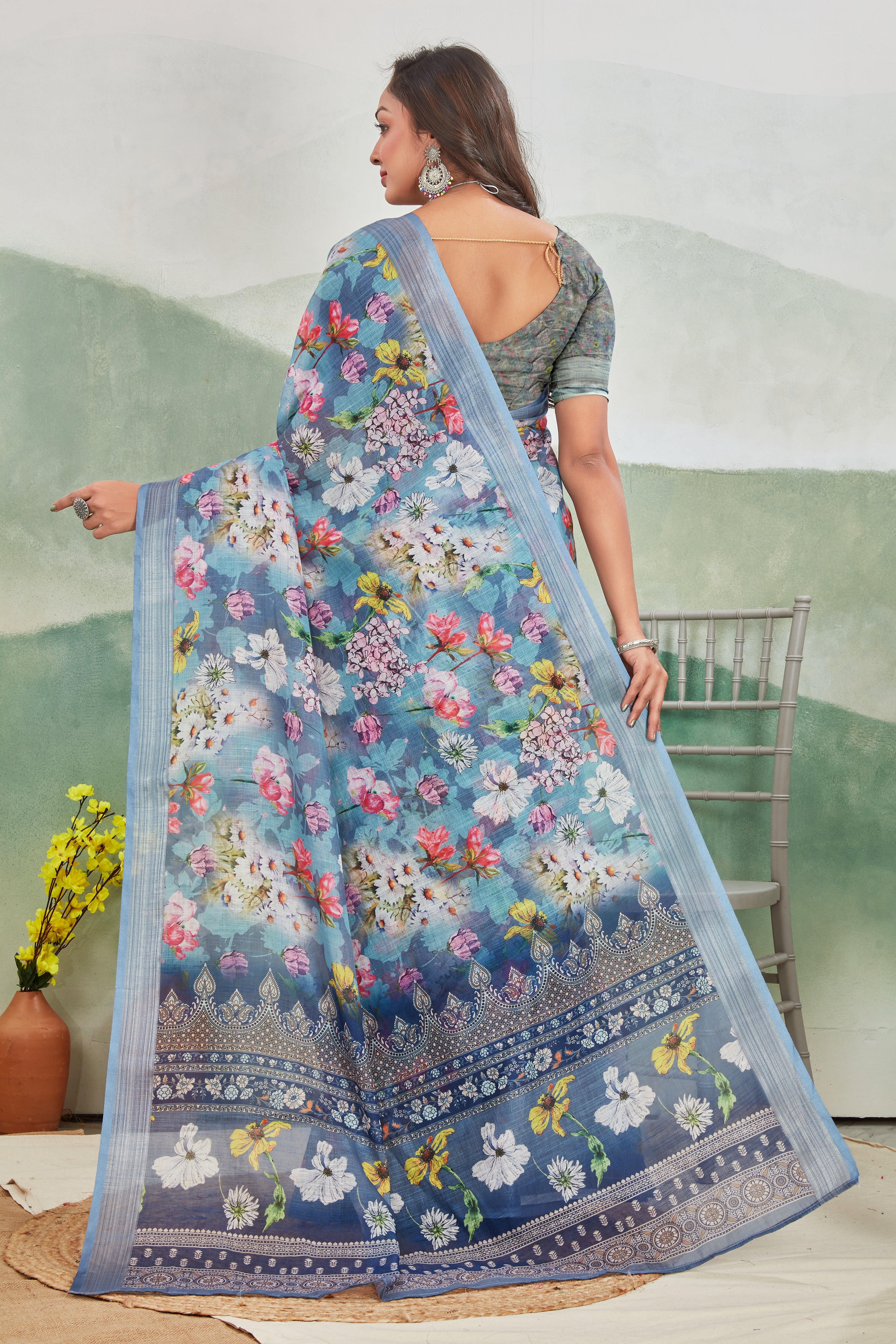 Pure Linen Saree For Every Occasion in Blue