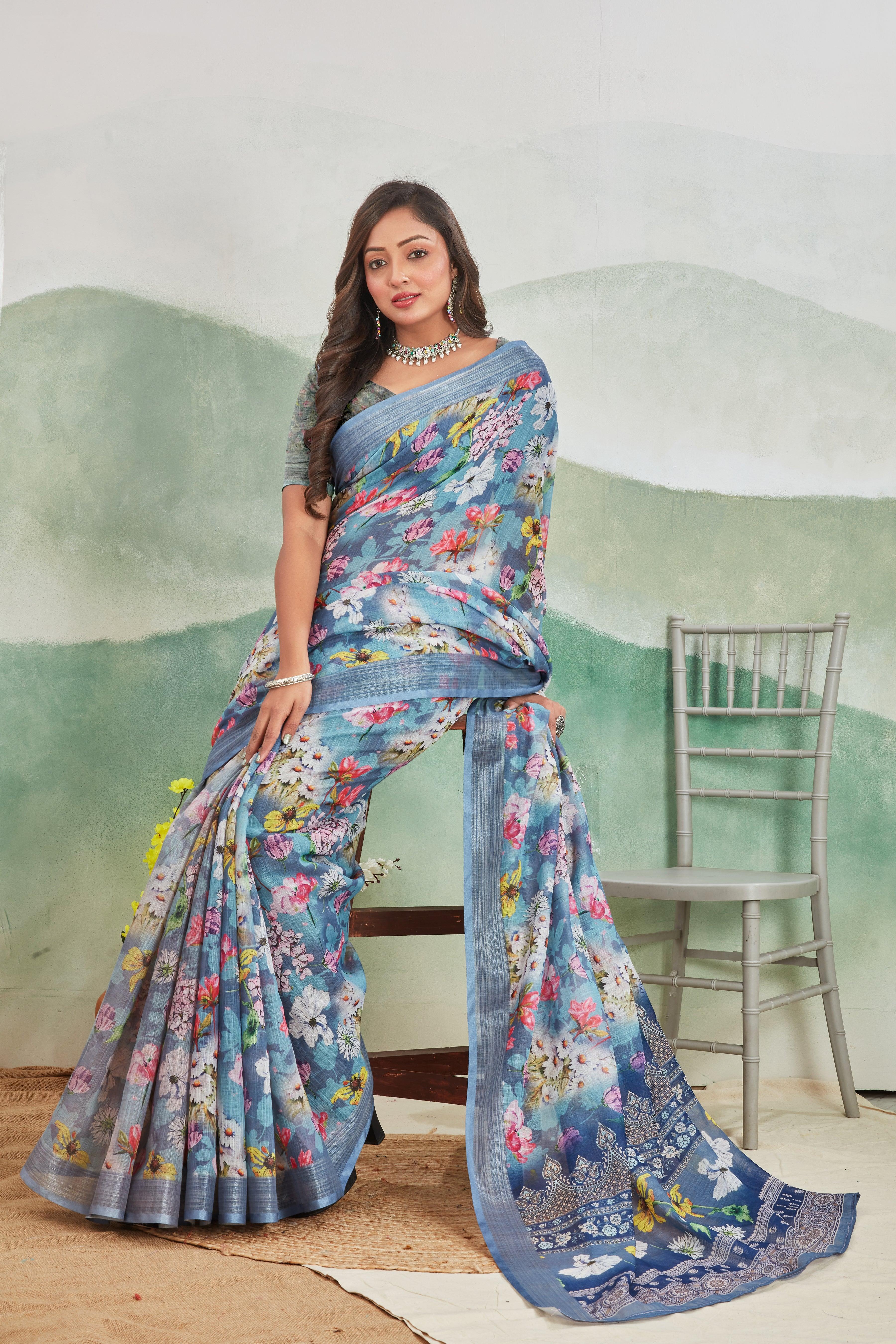 Pure Linen Saree For Every Occasion in Blue