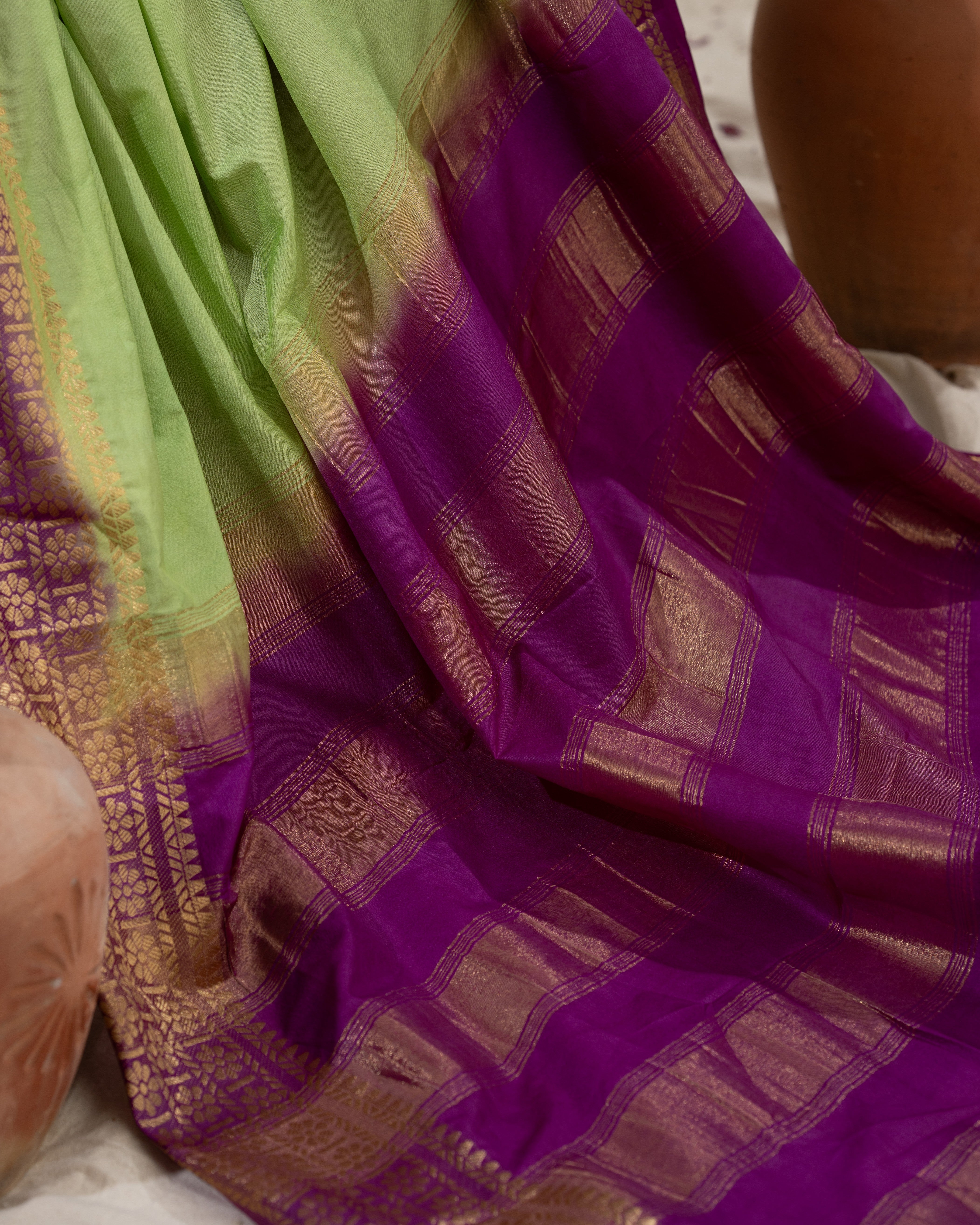 Traditional semi mysore crepe silk with  Golden  Border – Soft Silk Collection