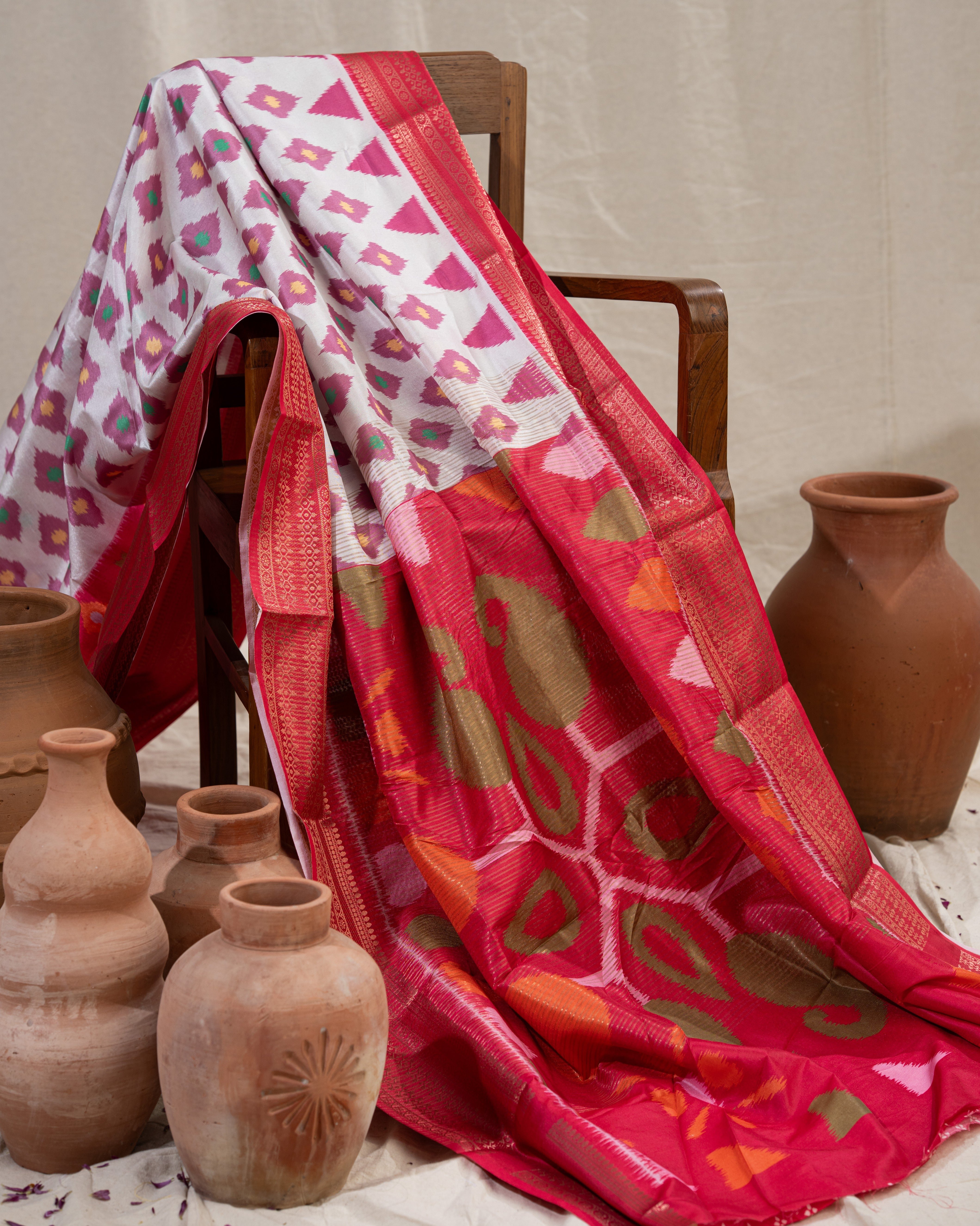 Premium semi crepe soft silk with ikkat print  with Rich Shine