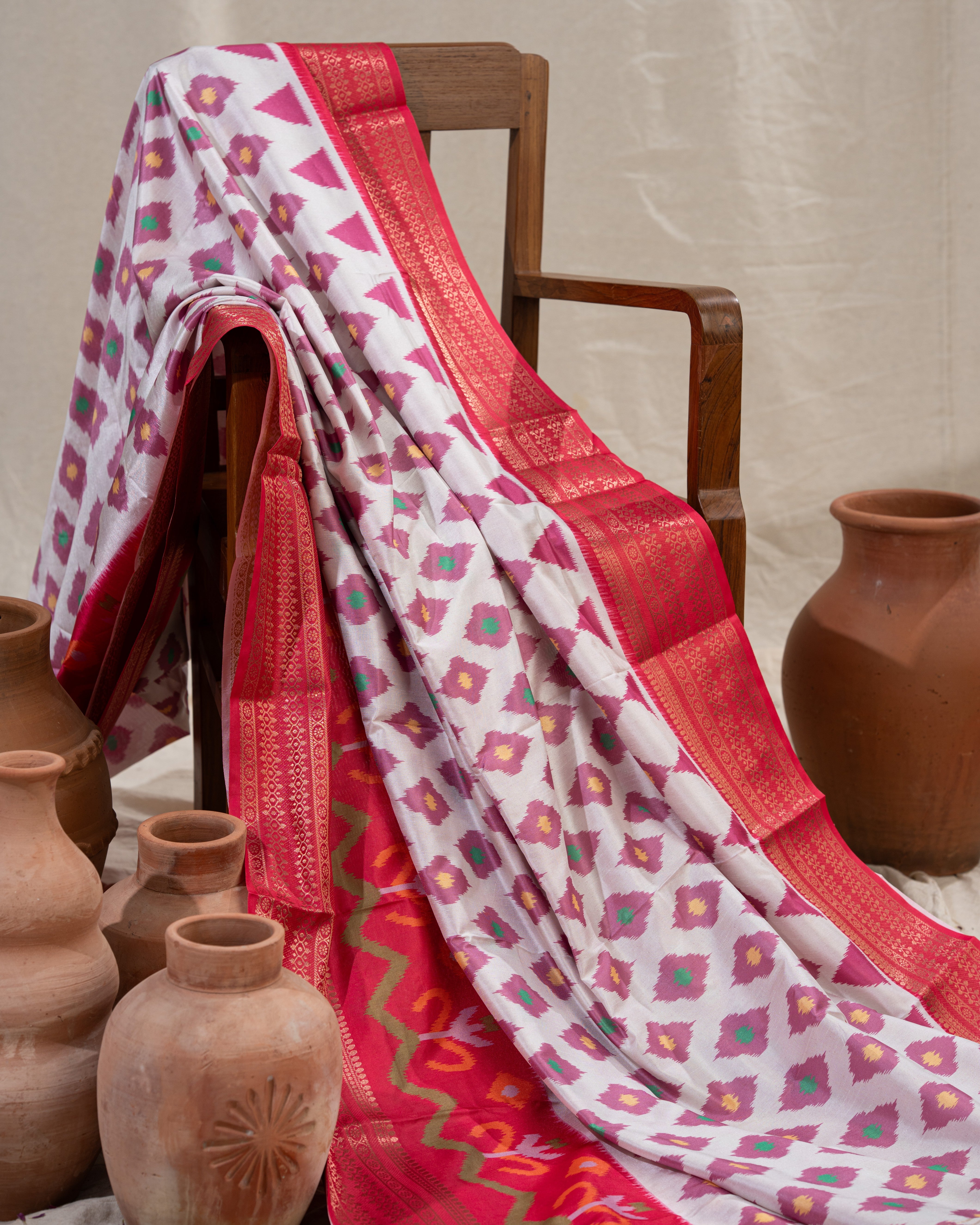 Premium semi crepe soft silk with ikkat print  with Rich Shine