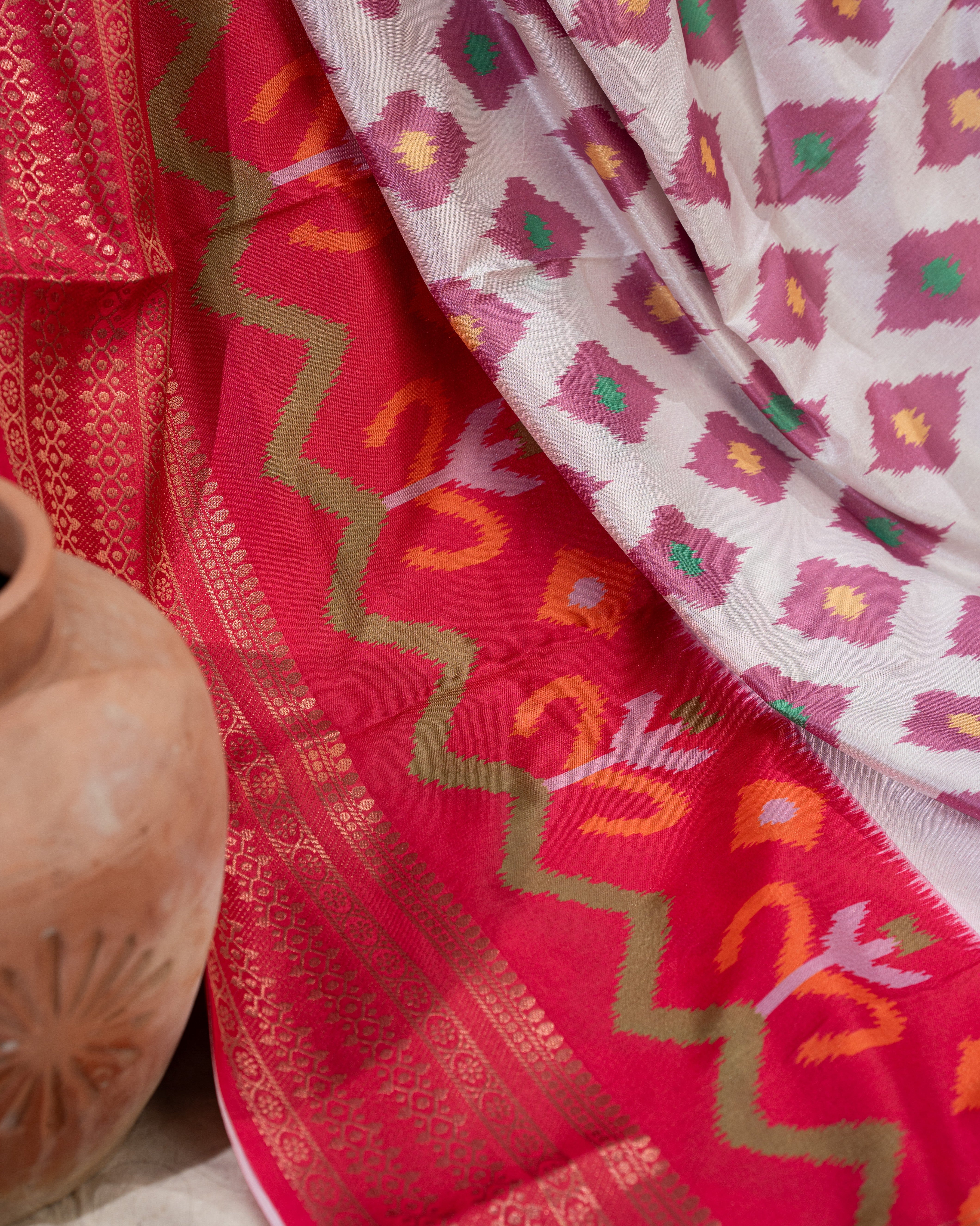 Premium semi crepe soft silk with ikkat print  with Rich Shine