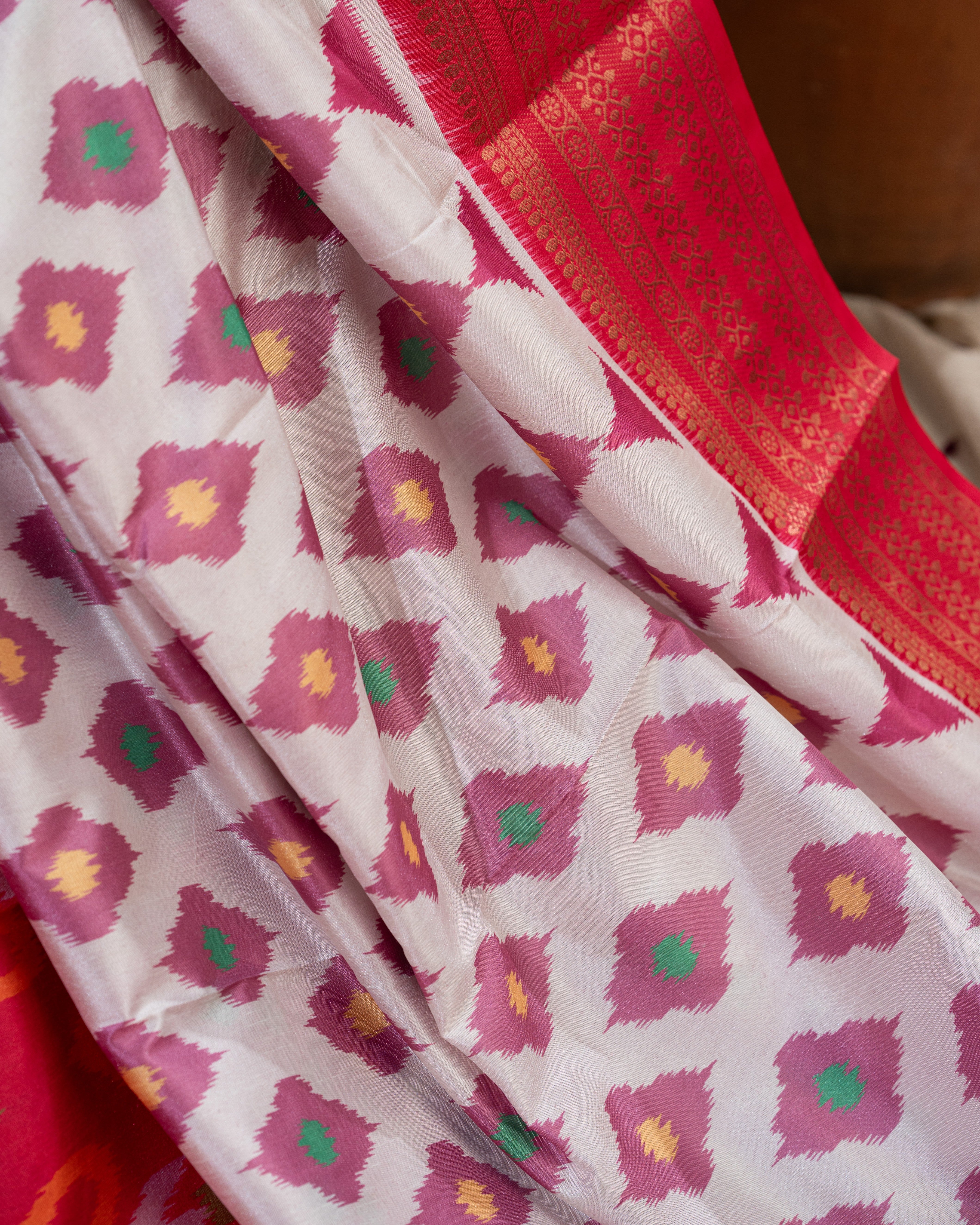 Premium semi crepe soft silk with ikkat print  with Rich Shine