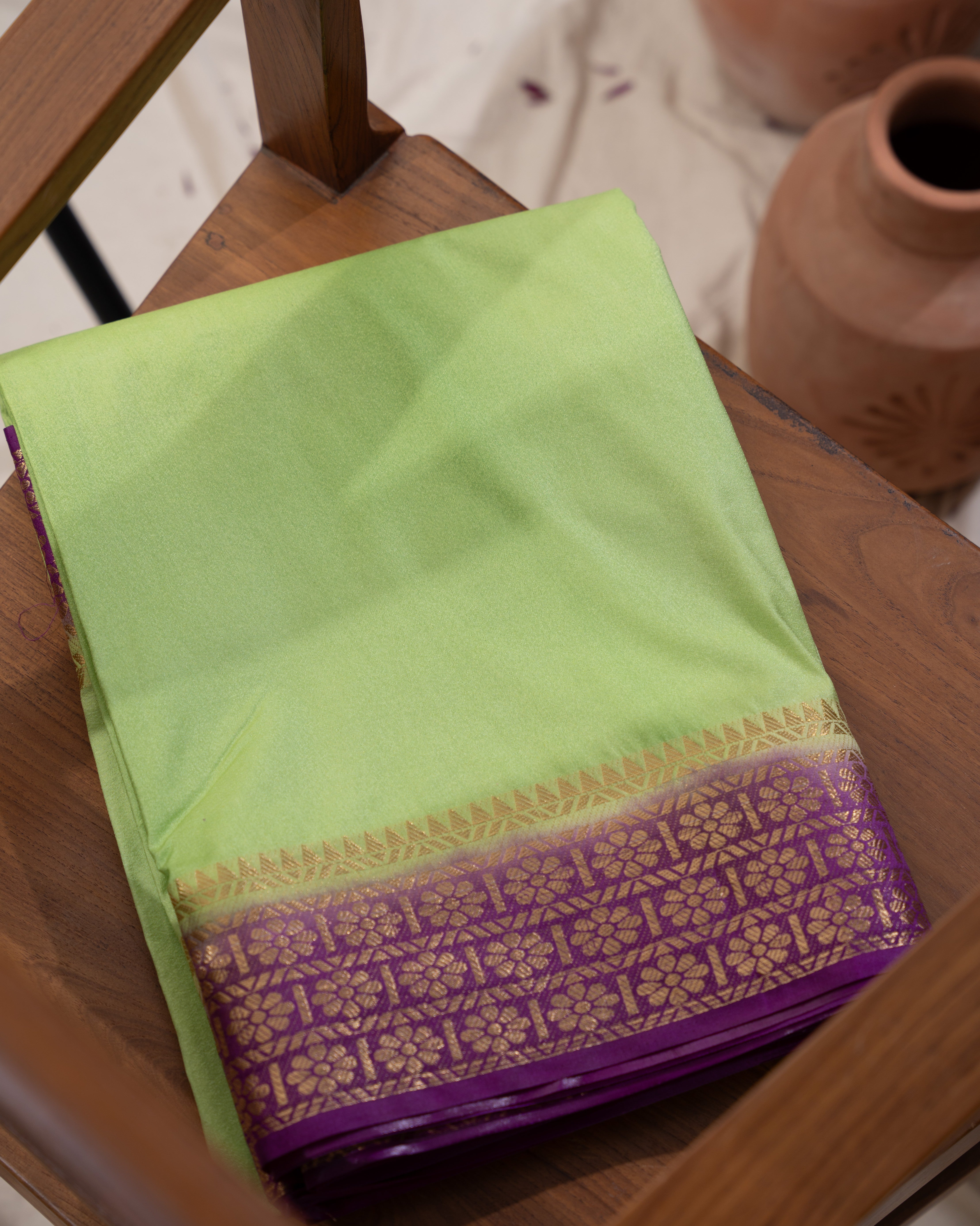 Traditional semi mysore crepe silk with  Golden  Border – Soft Silk Collection