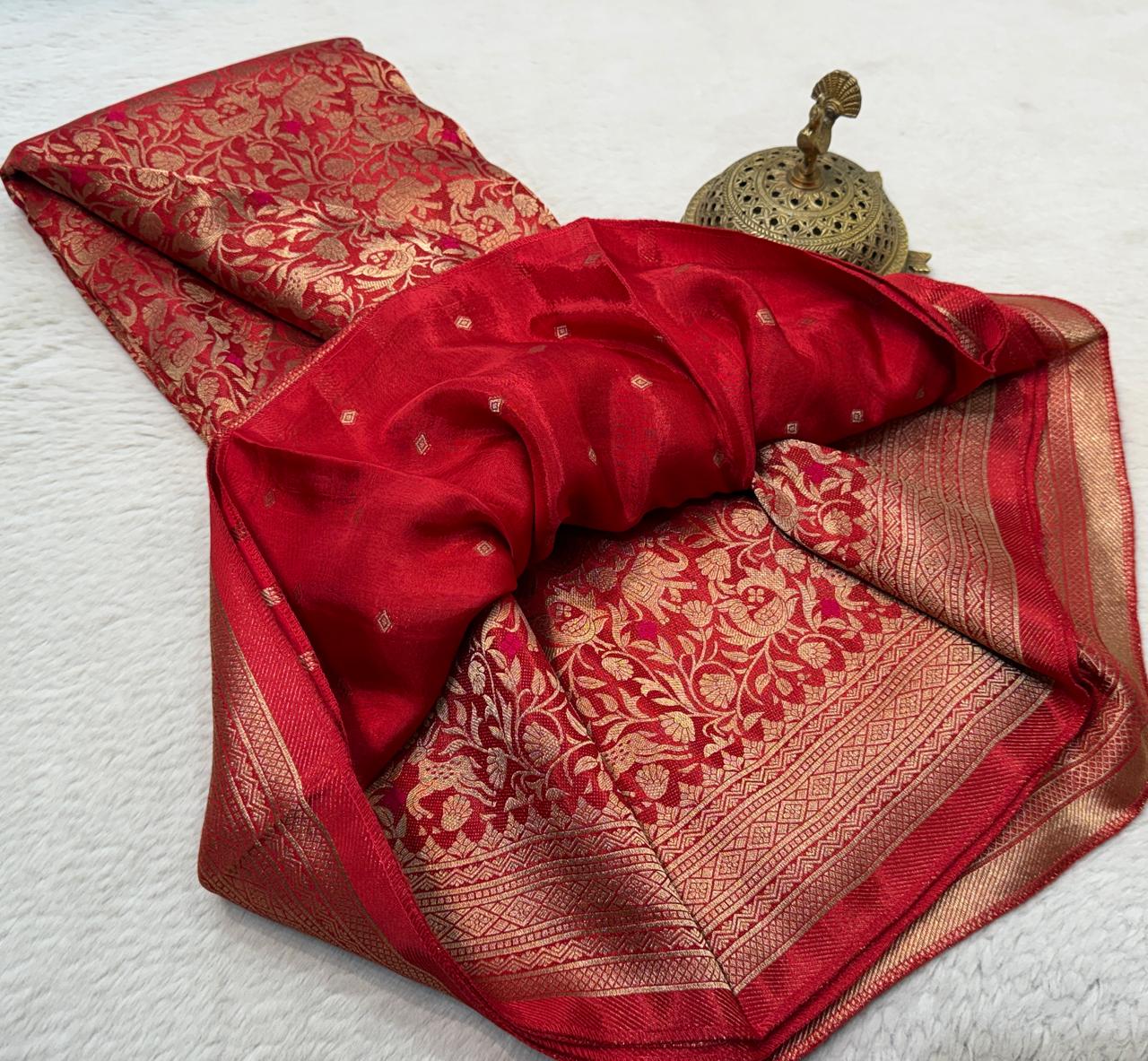 Luxury Banarasi Silk Saree with Floral & Peacock Zari Weave