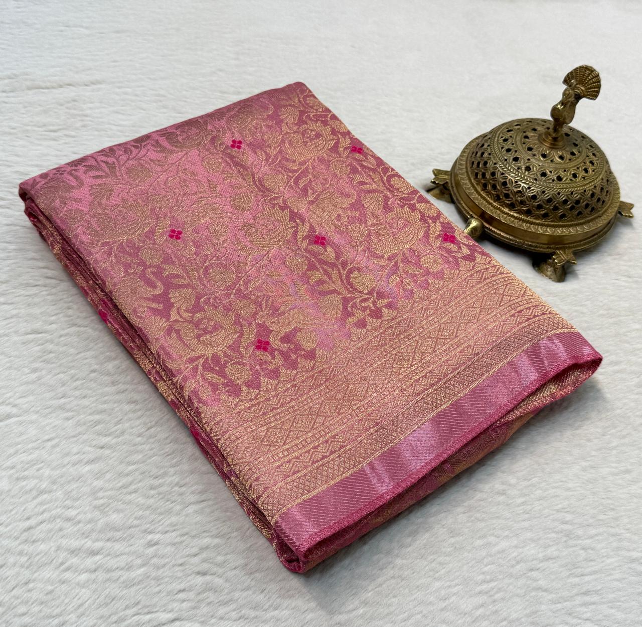 Luxury Banarasi Silk Saree with Floral & Peacock Zari Weave