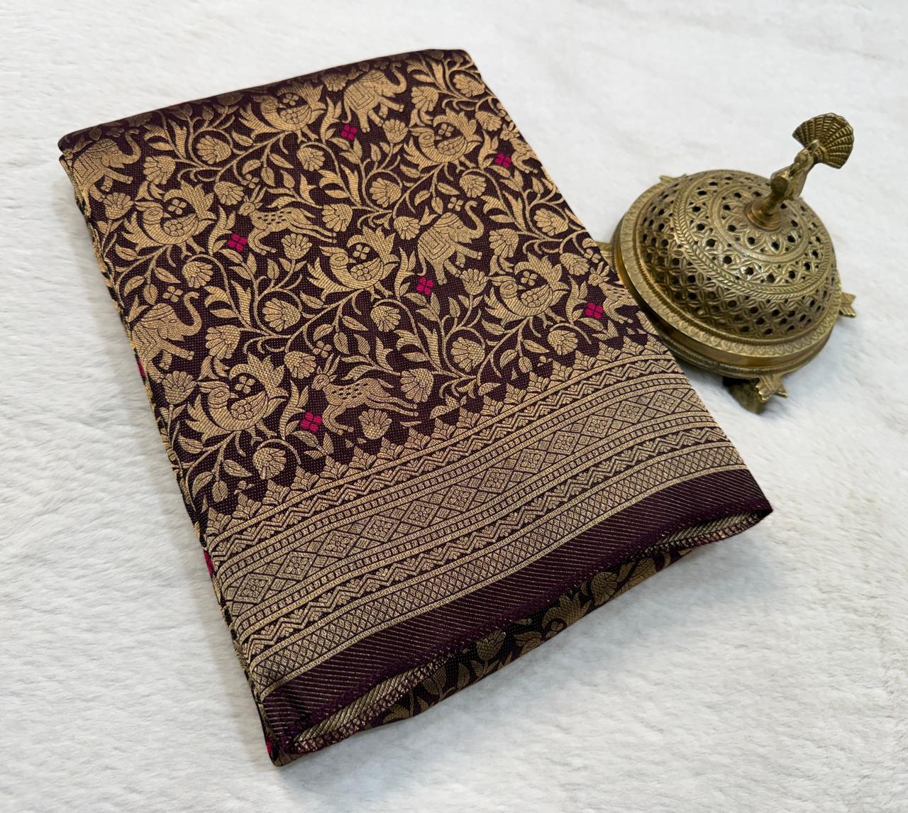 Luxury Banarasi Silk Saree with Floral & Peacock Zari Weave