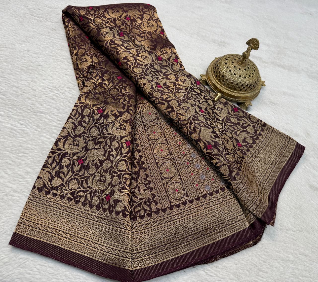 Luxury Banarasi Silk Saree with Floral & Peacock Zari Weave