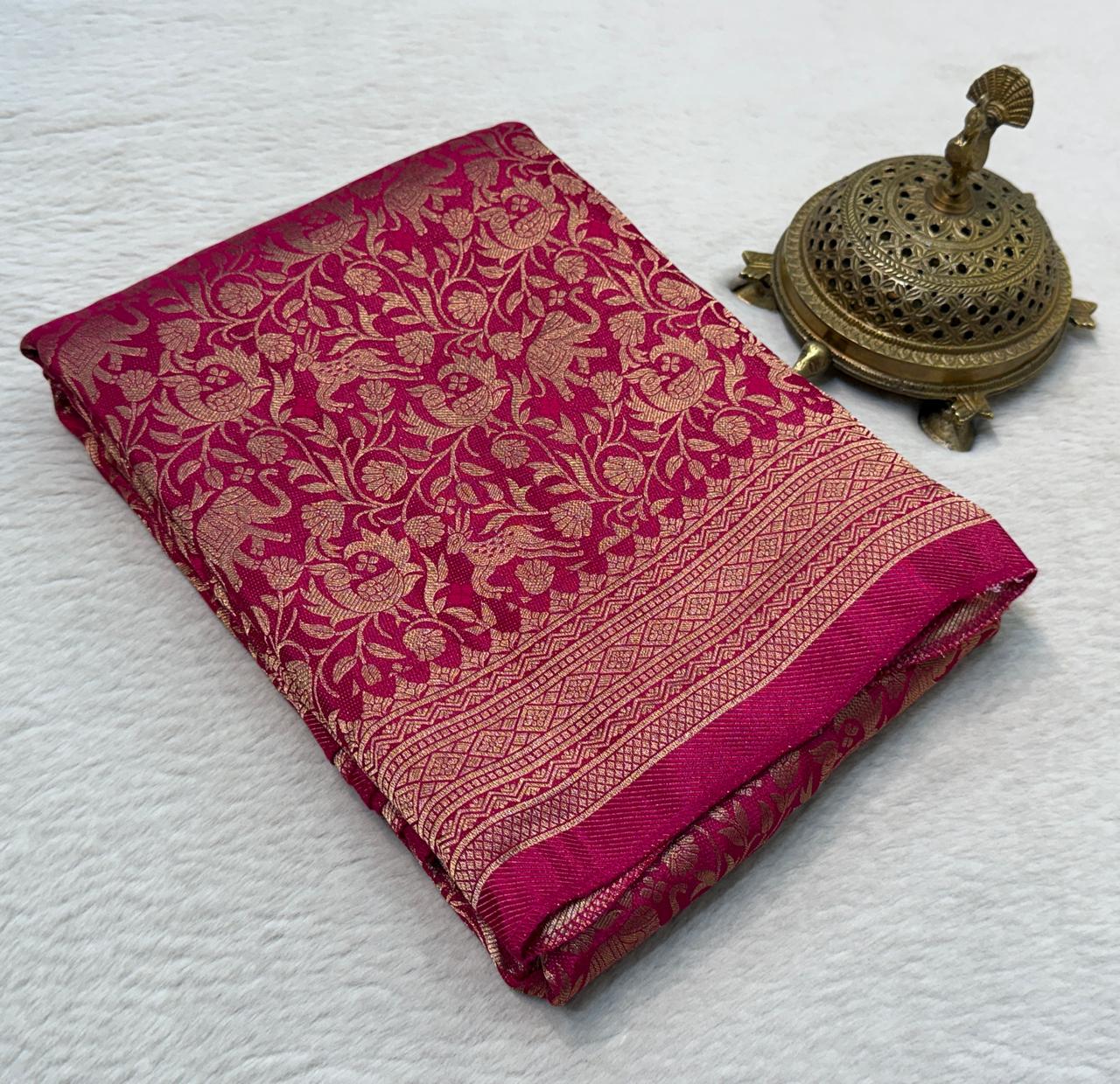 Luxury Banarasi Silk Saree with Floral & Peacock Zari Weave
