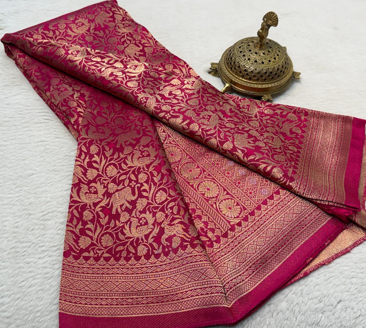 Luxury Banarasi Silk Saree with Floral & Peacock Zari Weave