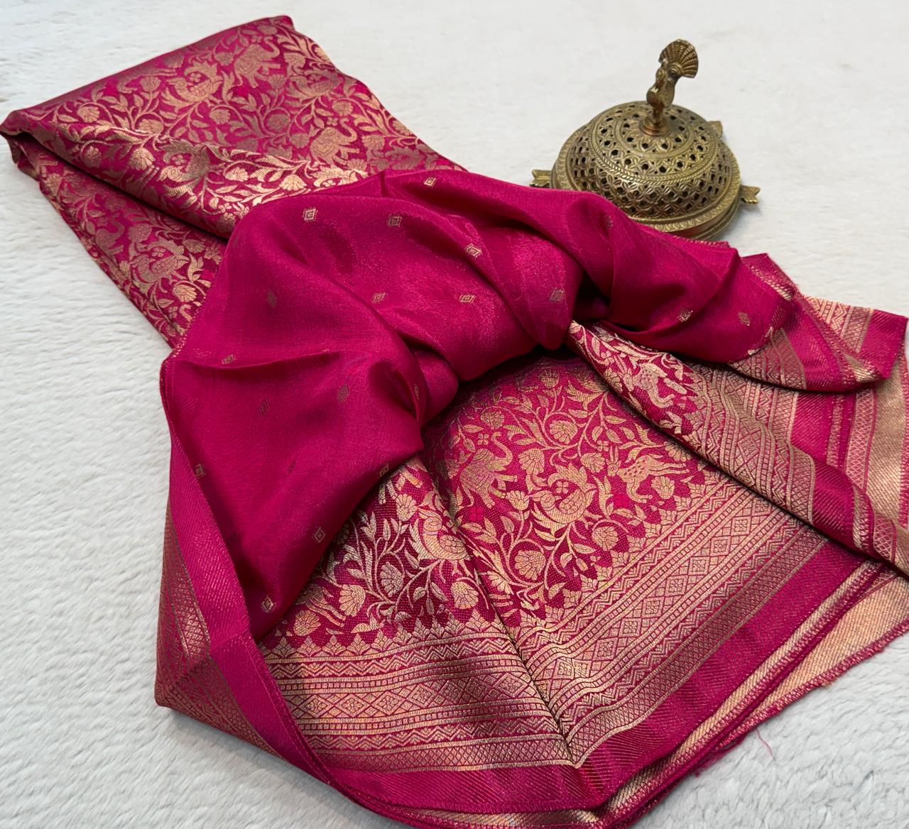 Luxury Banarasi Silk Saree with Floral & Peacock Zari Weave