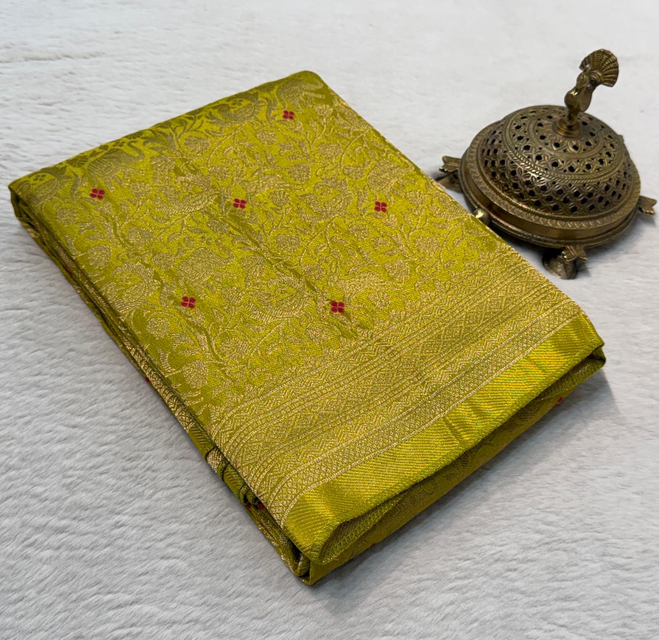 Luxury Banarasi Silk Saree with Floral & Peacock Zari Weave