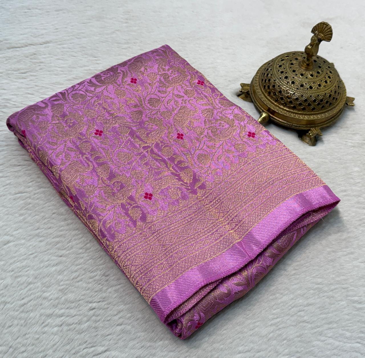Luxury Banarasi Silk Saree with Floral & Peacock Zari Weave