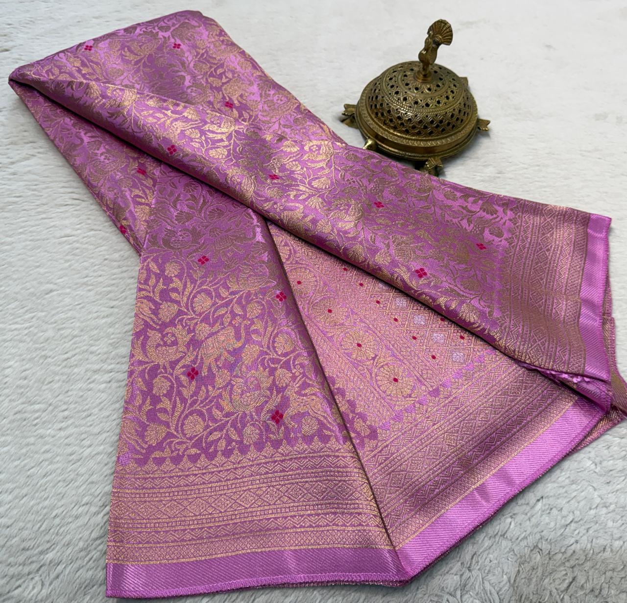 Luxury Banarasi Silk Saree with Floral & Peacock Zari Weave