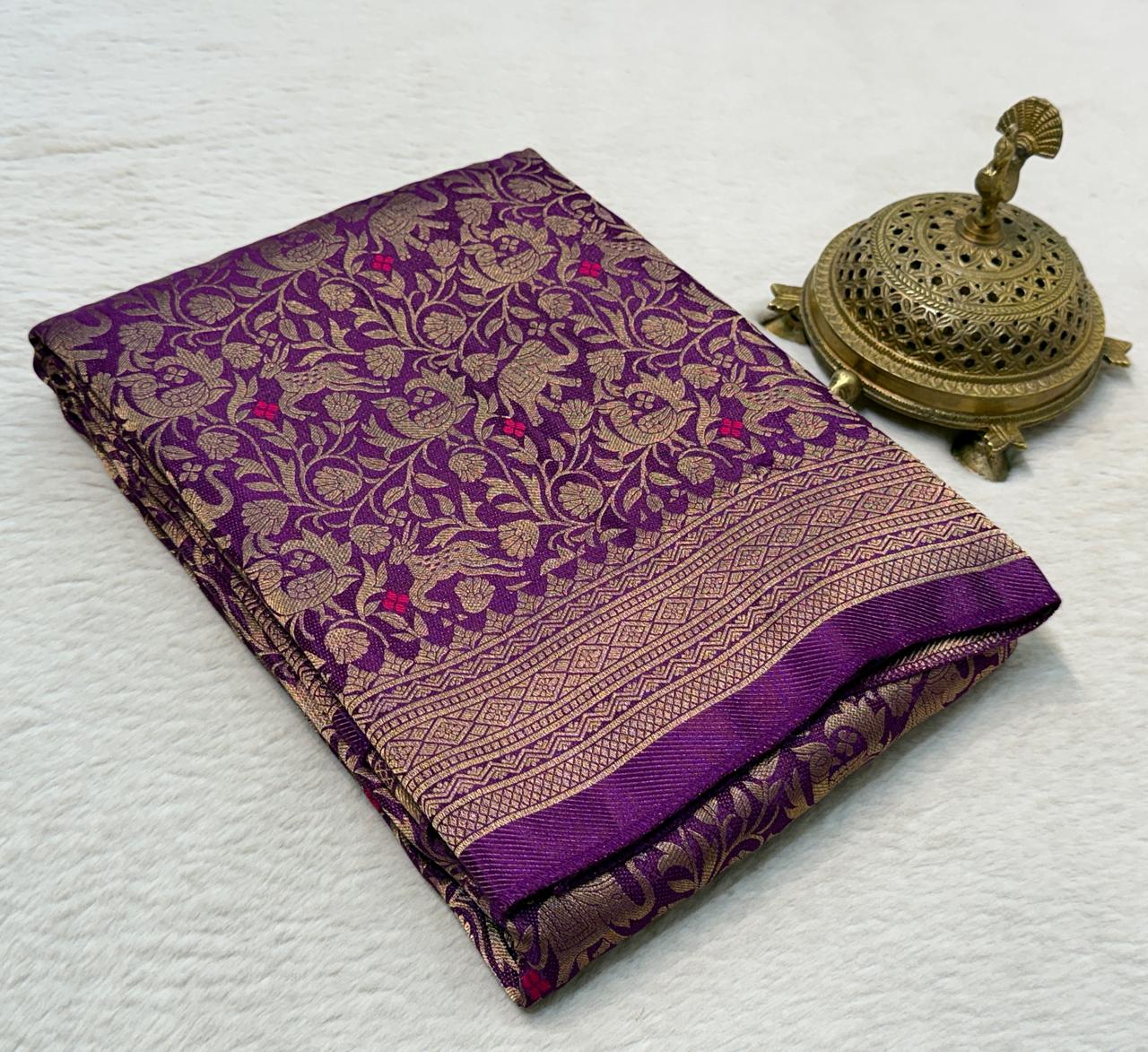 Luxury Banarasi Silk Saree with Floral & Peacock Zari Weave