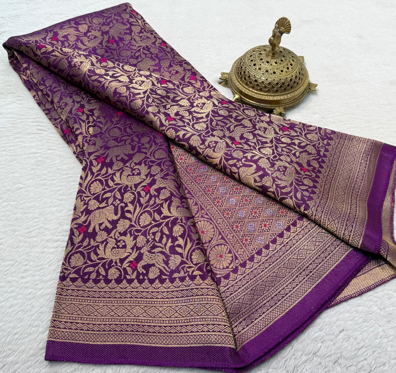 Luxury Banarasi Silk Saree with Floral & Peacock Zari Weave