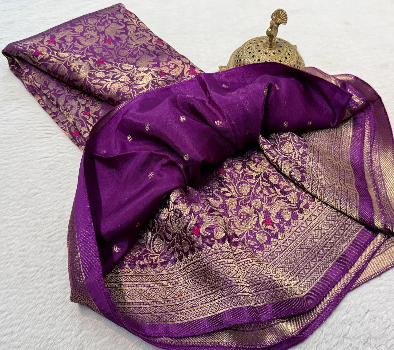 Luxury Banarasi Silk Saree with Floral & Peacock Zari Weave