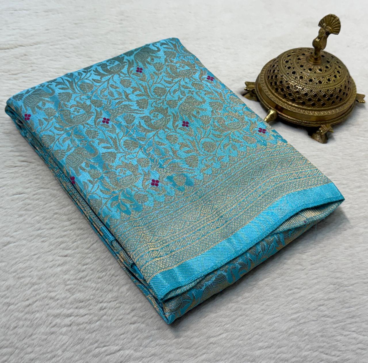 Luxury Banarasi Silk Saree with Floral & Peacock Zari Weave
