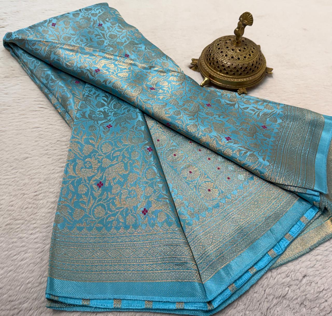 Luxury Banarasi Silk Saree with Floral & Peacock Zari Weave