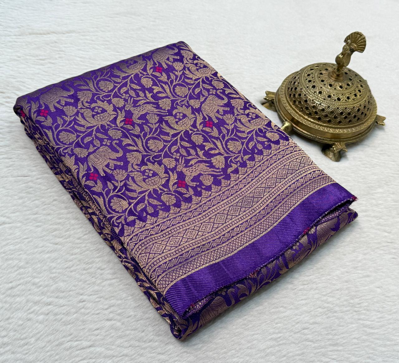 Luxury Banarasi Silk Saree with Floral & Peacock Zari Weave