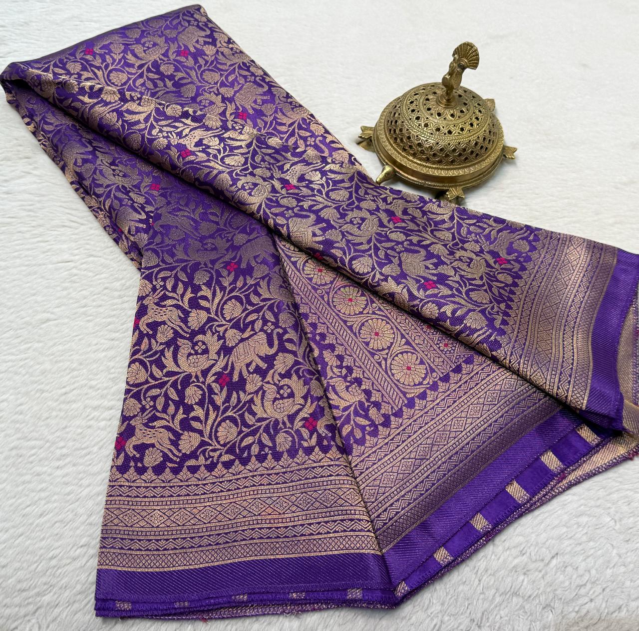 Luxury Banarasi Silk Saree with Floral & Peacock Zari Weave