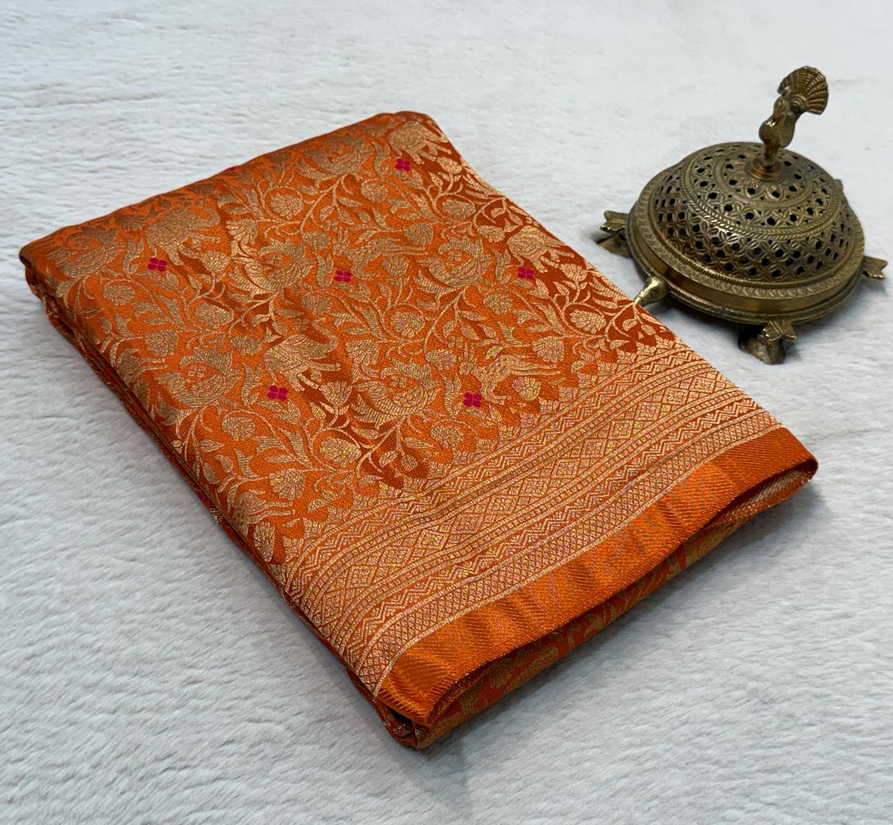 Luxury Banarasi Silk Saree with Floral & Peacock Zari Weave