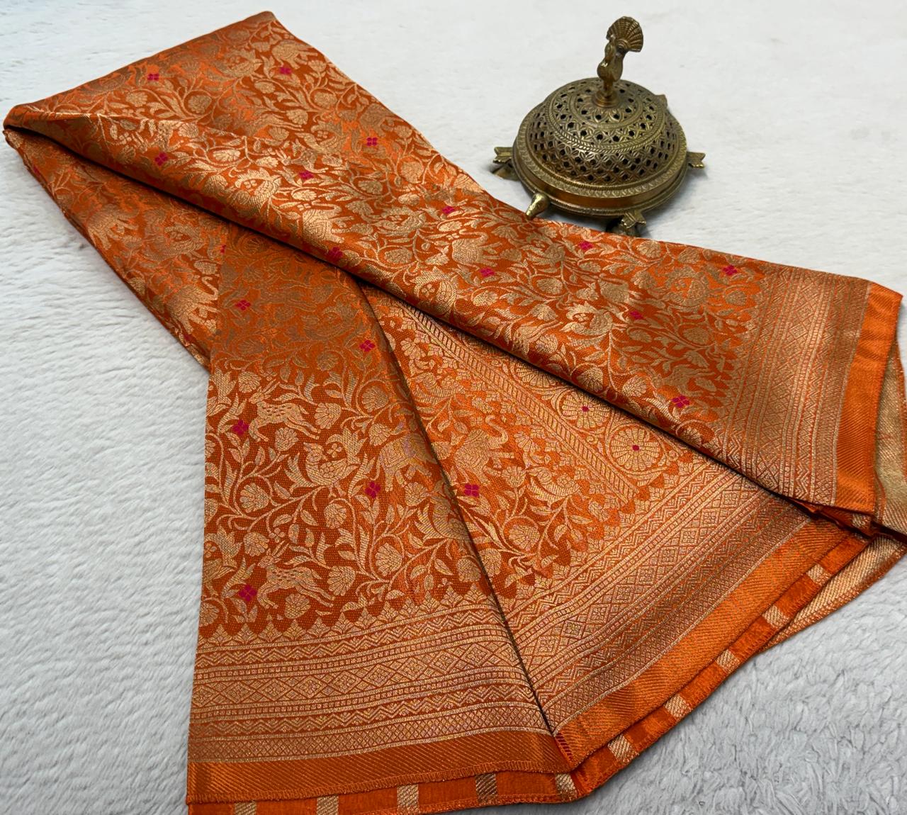 Luxury Banarasi Silk Saree with Floral & Peacock Zari Weave