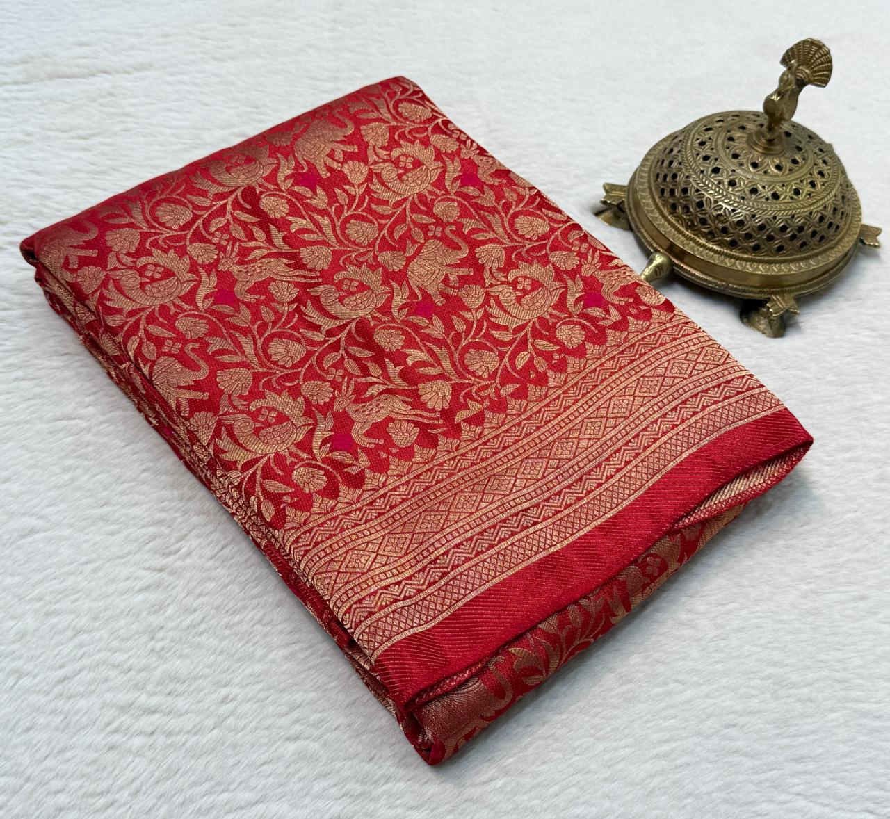 Luxury Banarasi Silk Saree with Floral & Peacock Zari Weave