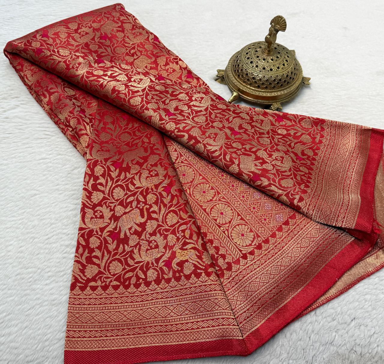 Luxury Banarasi Silk Saree with Floral & Peacock Zari Weave