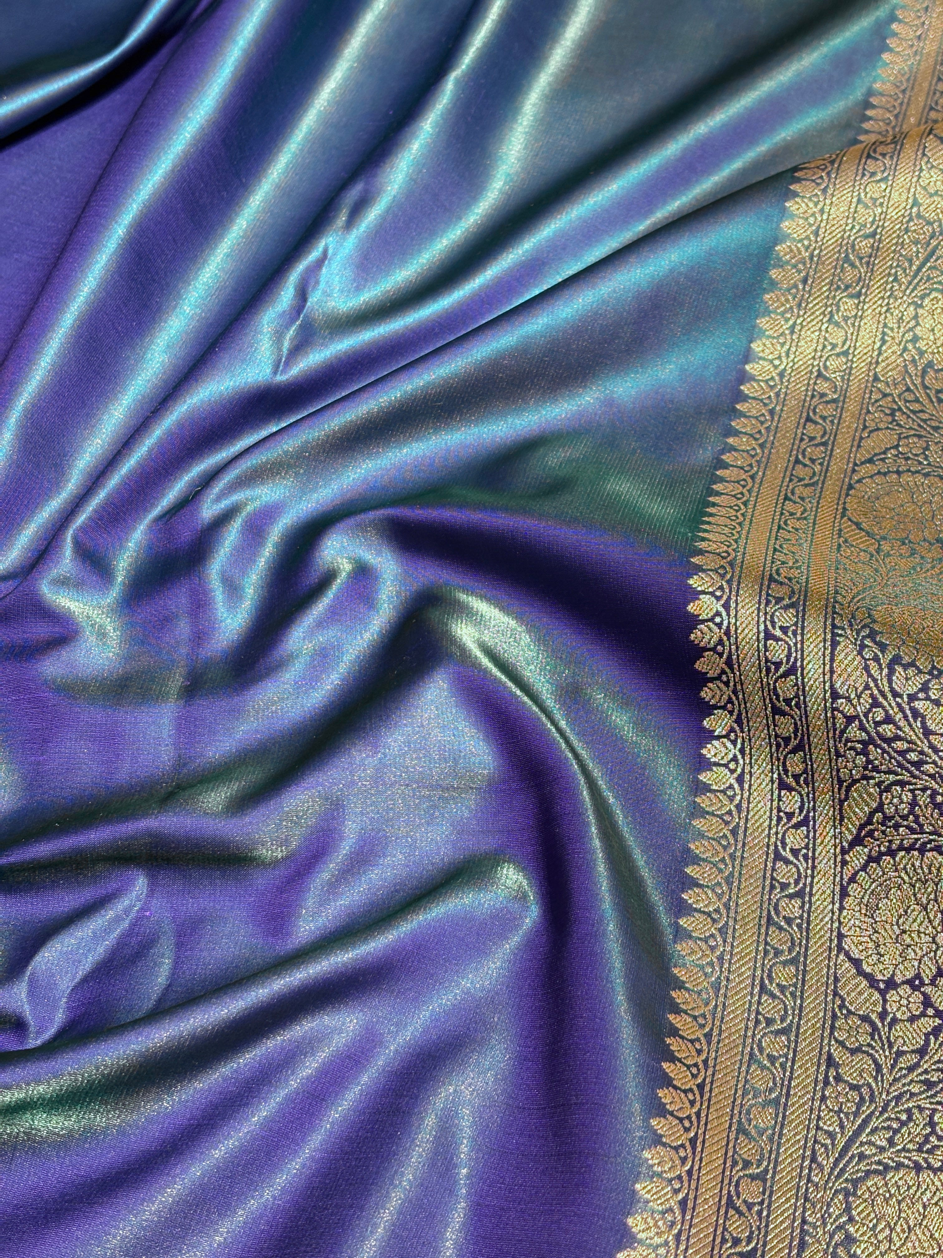 Peacock Shades Banarasi Satin Katan Silk Saree with Jacquard Weave