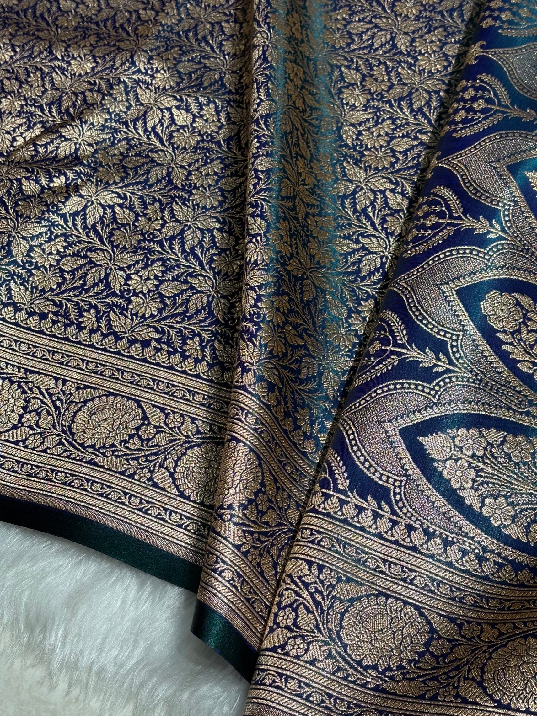 Peacock Shades Banarasi Satin Katan Silk Saree with Jacquard Weave