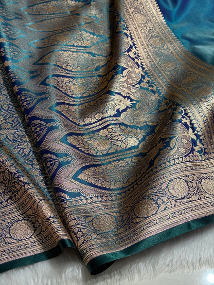 Peacock Shades Banarasi Satin Katan Silk Saree with Jacquard Weave